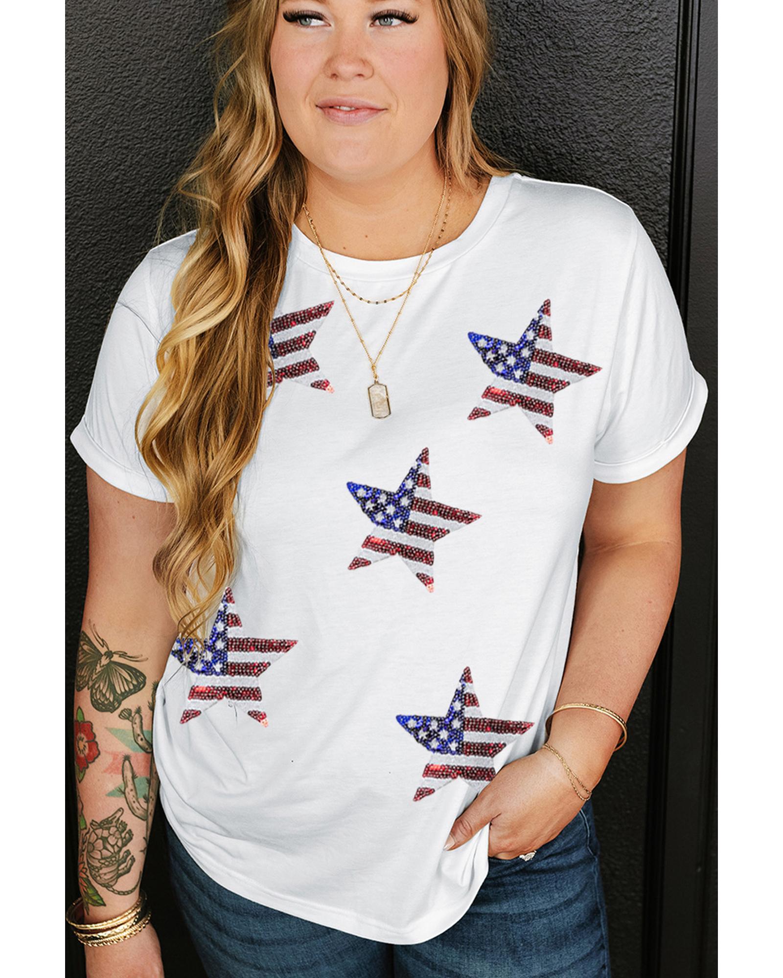 White Sequin American Flag Star Pattern Plus Size Tee - 1X