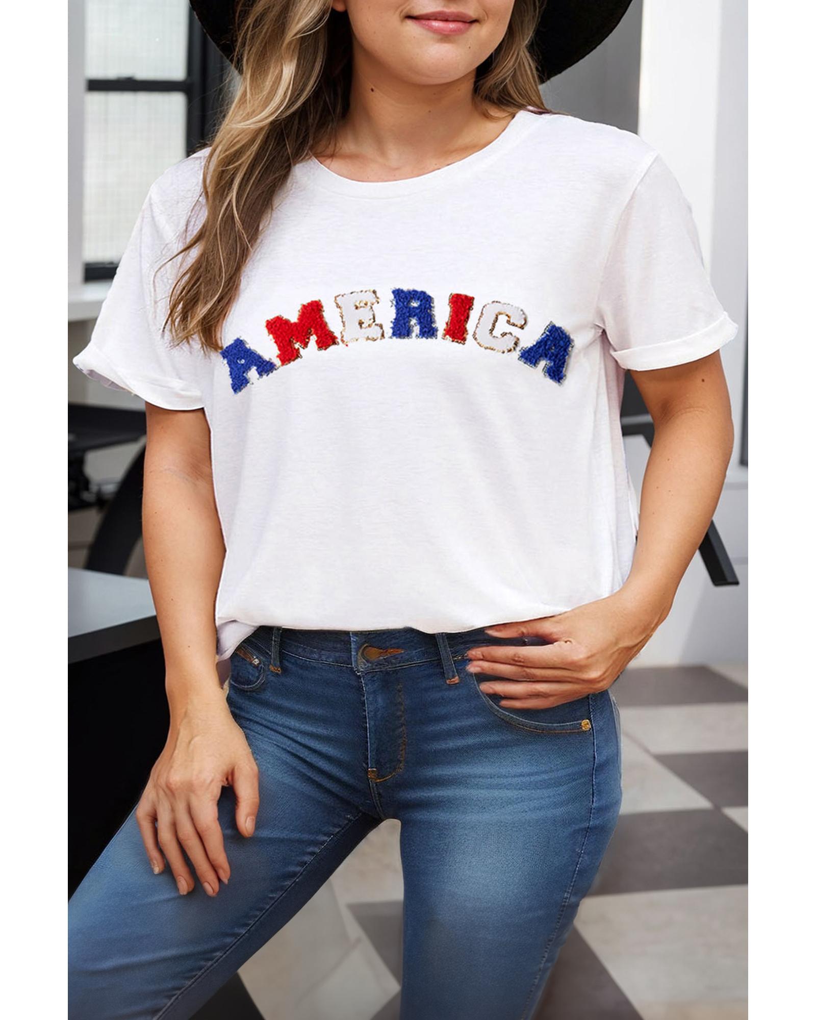 White AMERICA Chenille Embroidered Plus Size T Shirt - 1X
