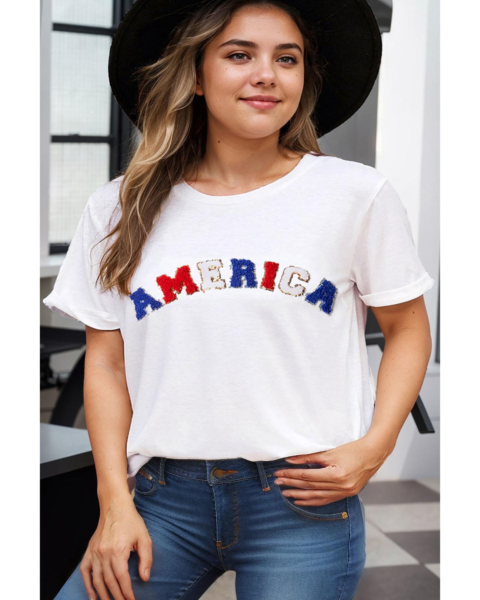 White AMERICA Chenille Embroidered Plus Size T Shirt - 1X