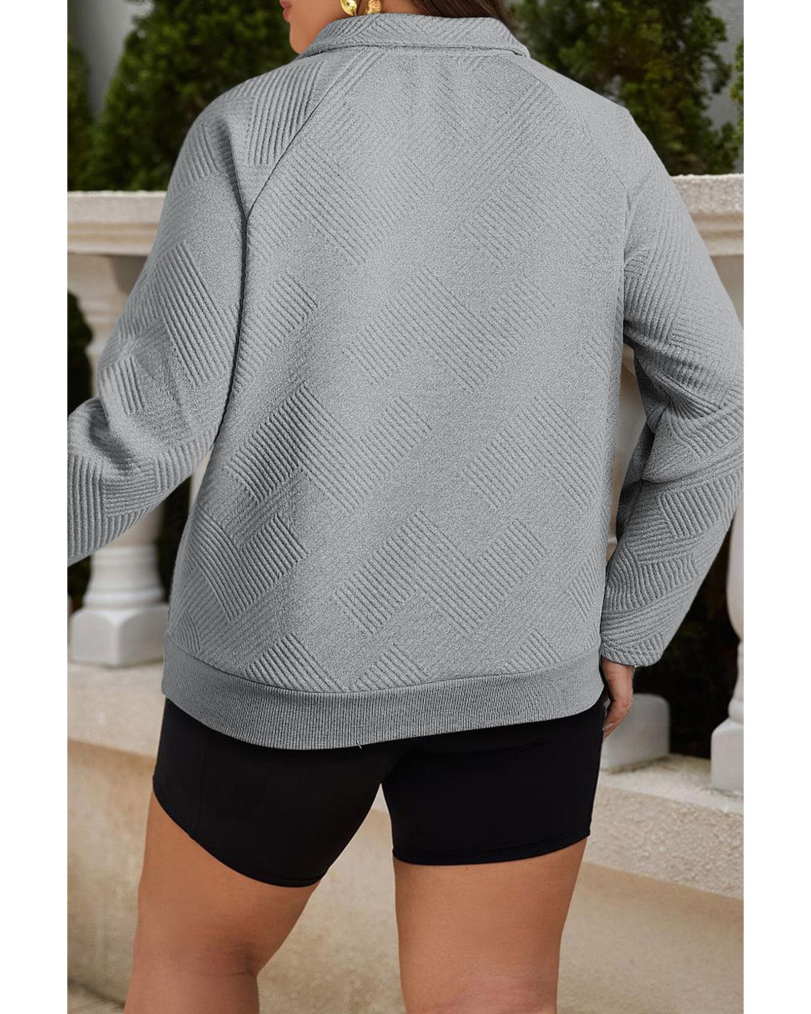 Light Grey Textured Snap Buttons Pullover Plus Size Sweatshirt - 2X