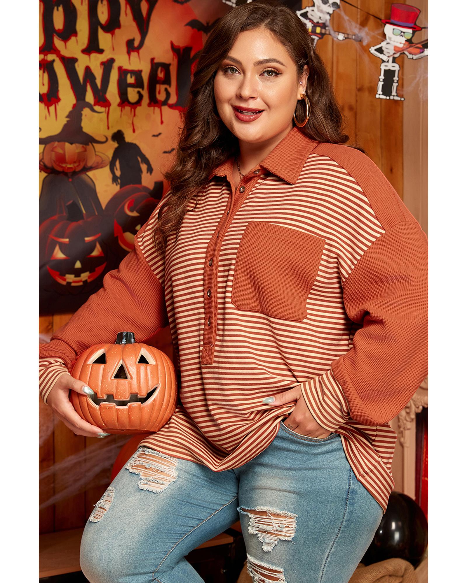 Red Stripe Textured Patched Drop Shoulder Buttoned Plus Size Sweatshirt - 1X