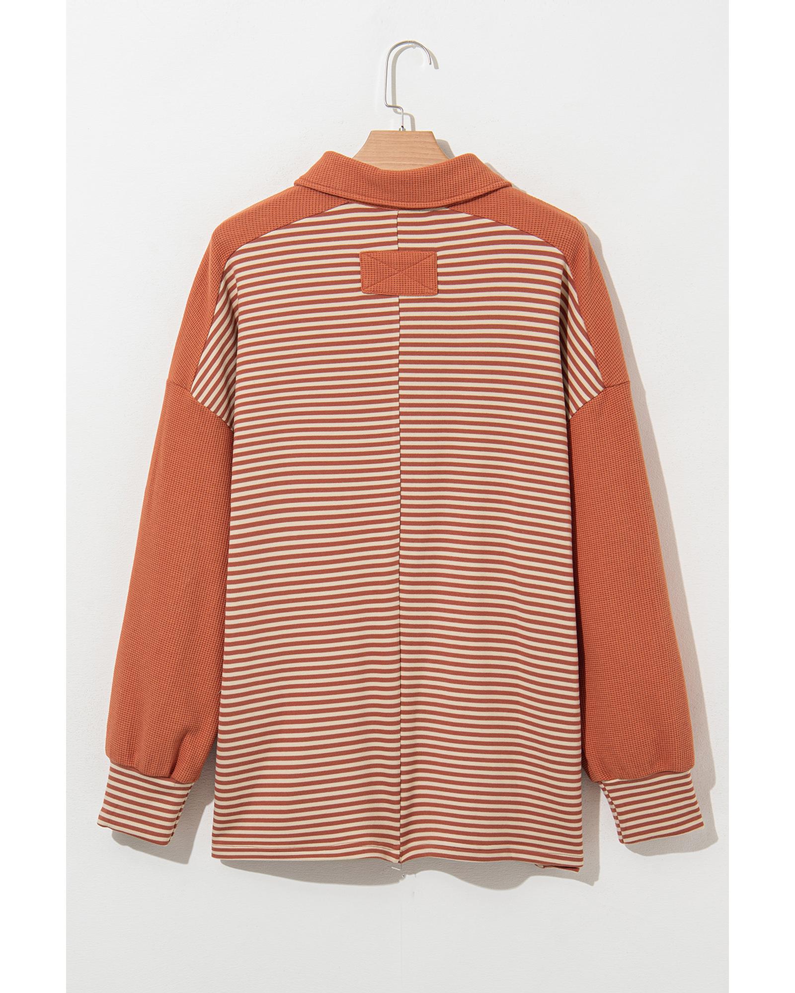 Red Stripe Textured Patched Drop Shoulder Buttoned Plus Size Sweatshirt - 1X