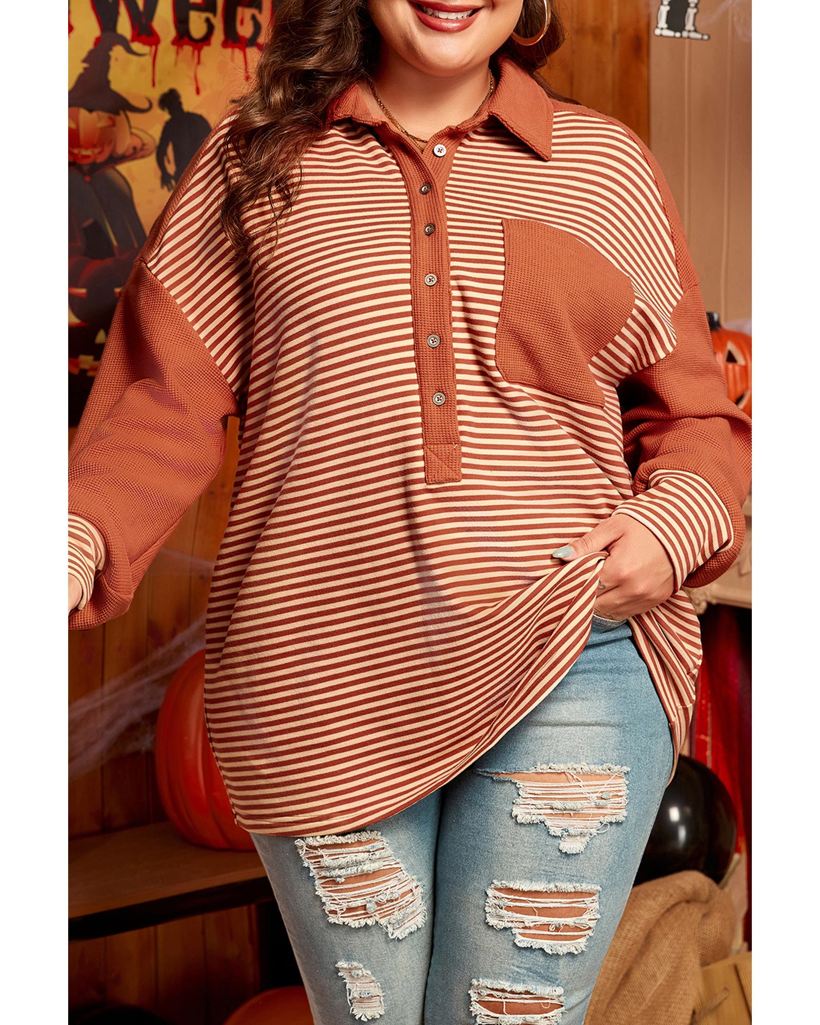 Red Stripe Textured Patched Drop Shoulder Buttoned Plus Size Sweatshirt - 2X