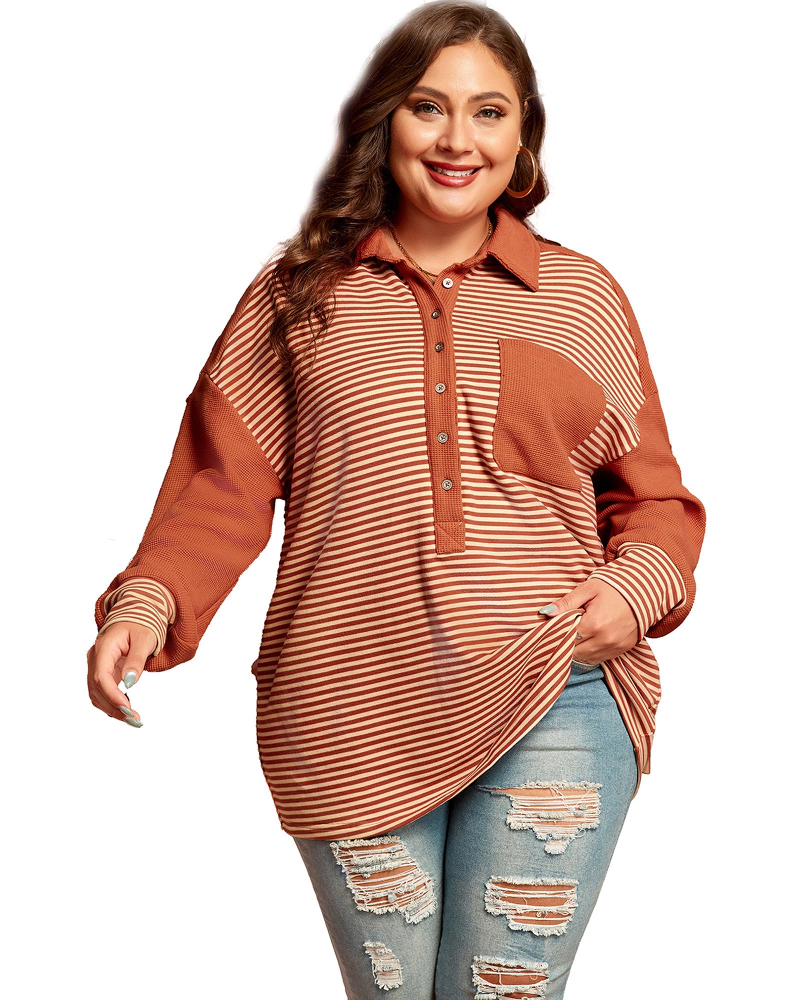 Red Stripe Textured Patched Drop Shoulder Buttoned Plus Size Sweatshirt - 3X