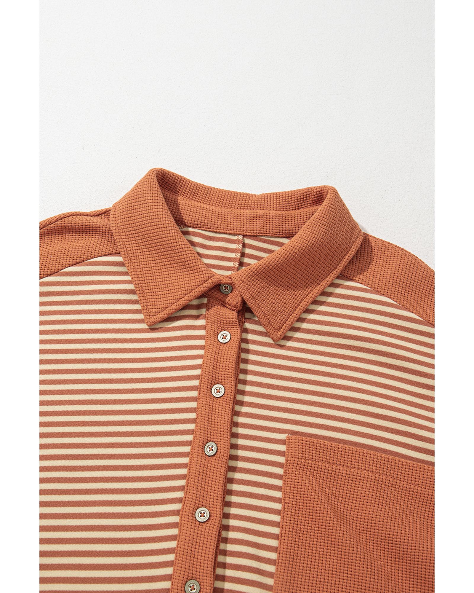 Red Stripe Textured Patched Drop Shoulder Buttoned Plus Size Sweatshirt - 3X