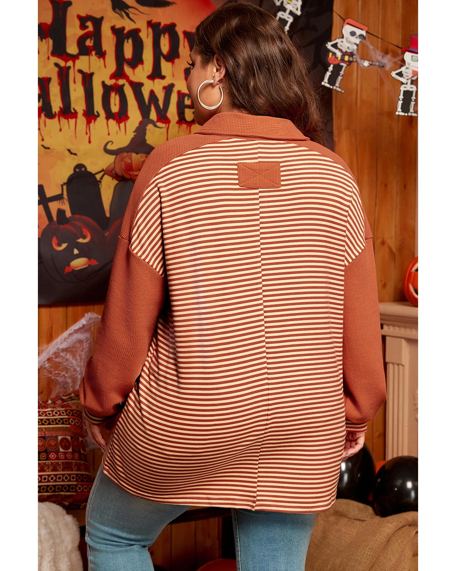 Red Stripe Textured Patched Drop Shoulder Buttoned Plus Size Sweatshirt - 4X