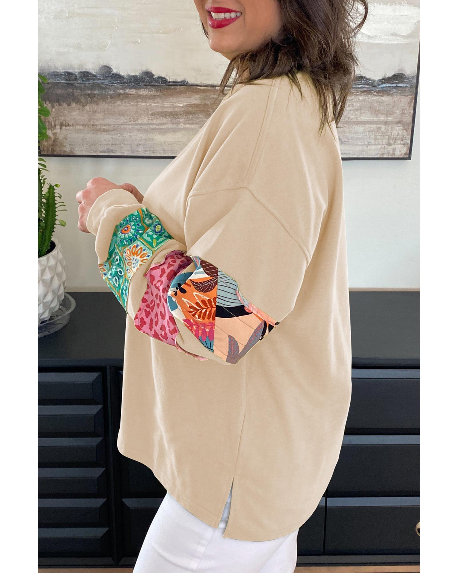 Beige Plus Size Printed Patchwork Sleeve Split Sweatshirt - 1X