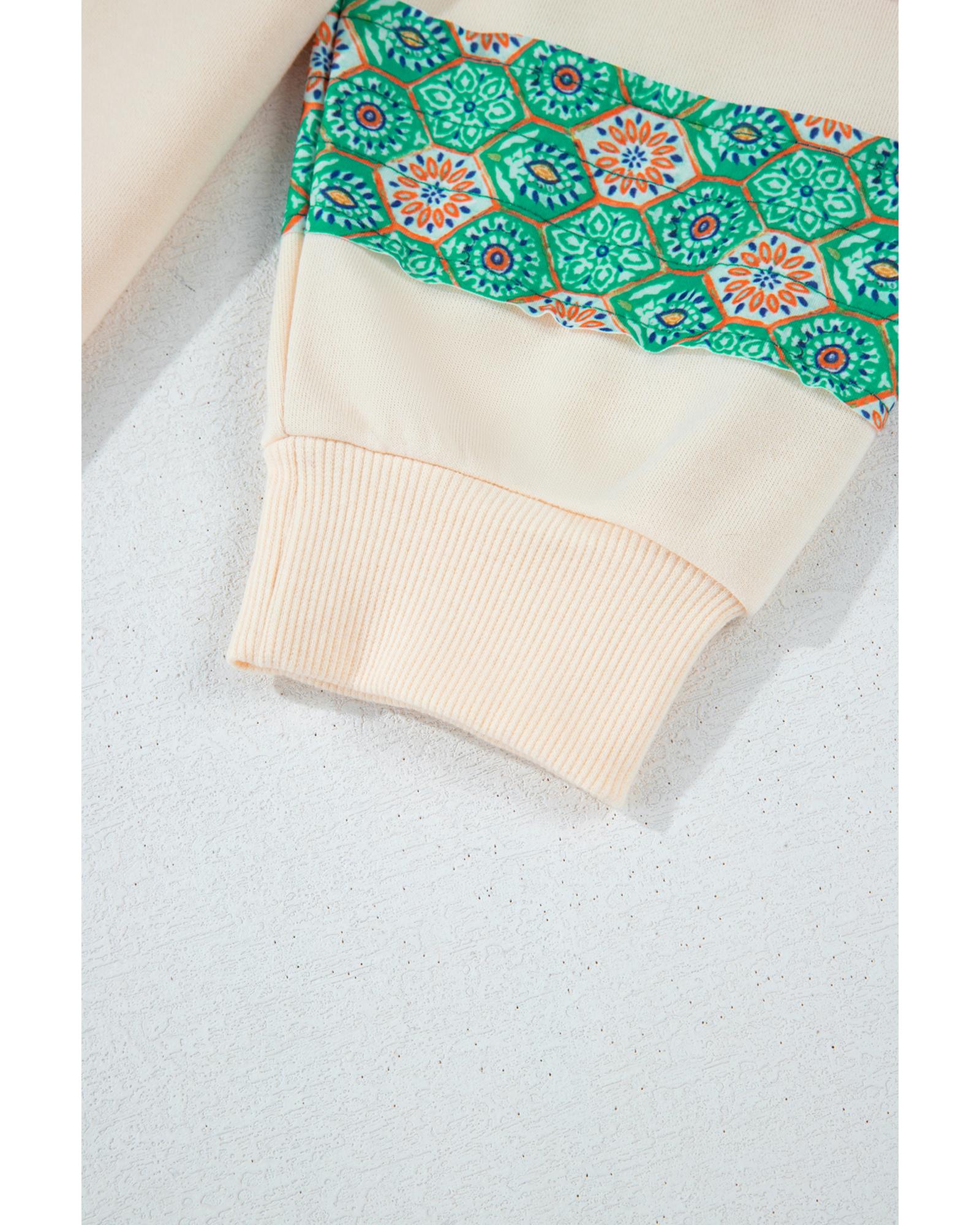 Beige Plus Size Printed Patchwork Sleeve Split Sweatshirt - 1X