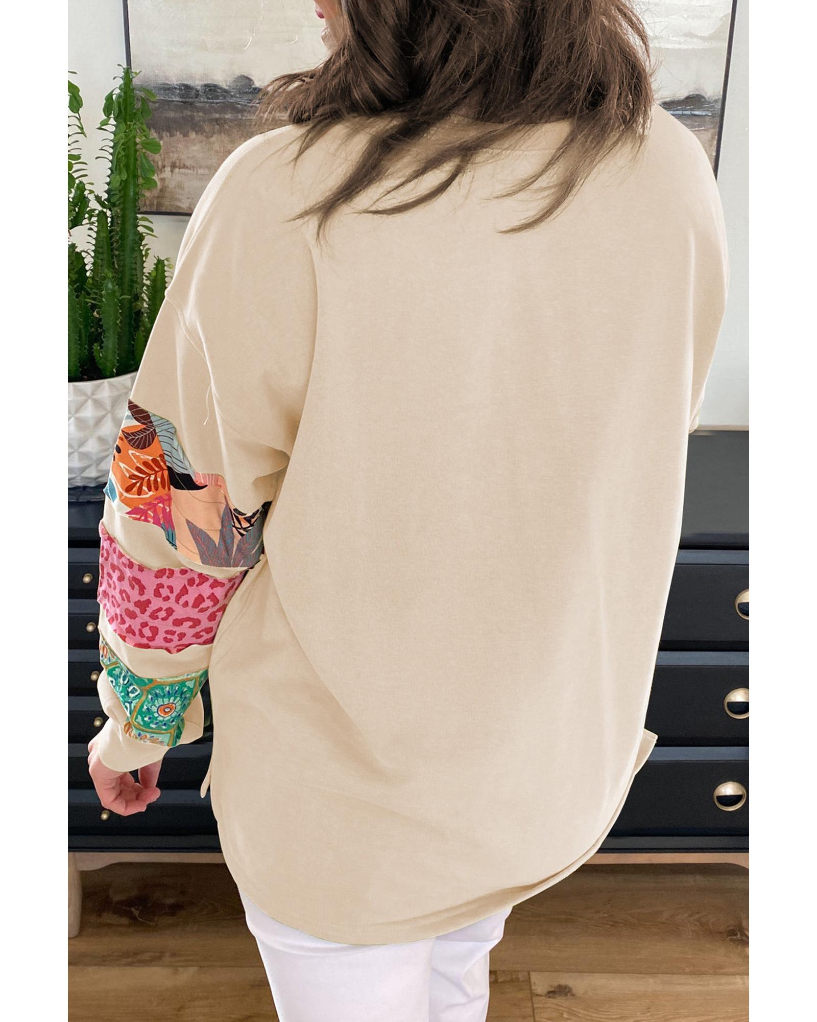 Beige Plus Size Printed Patchwork Sleeve Split Sweatshirt - 4X