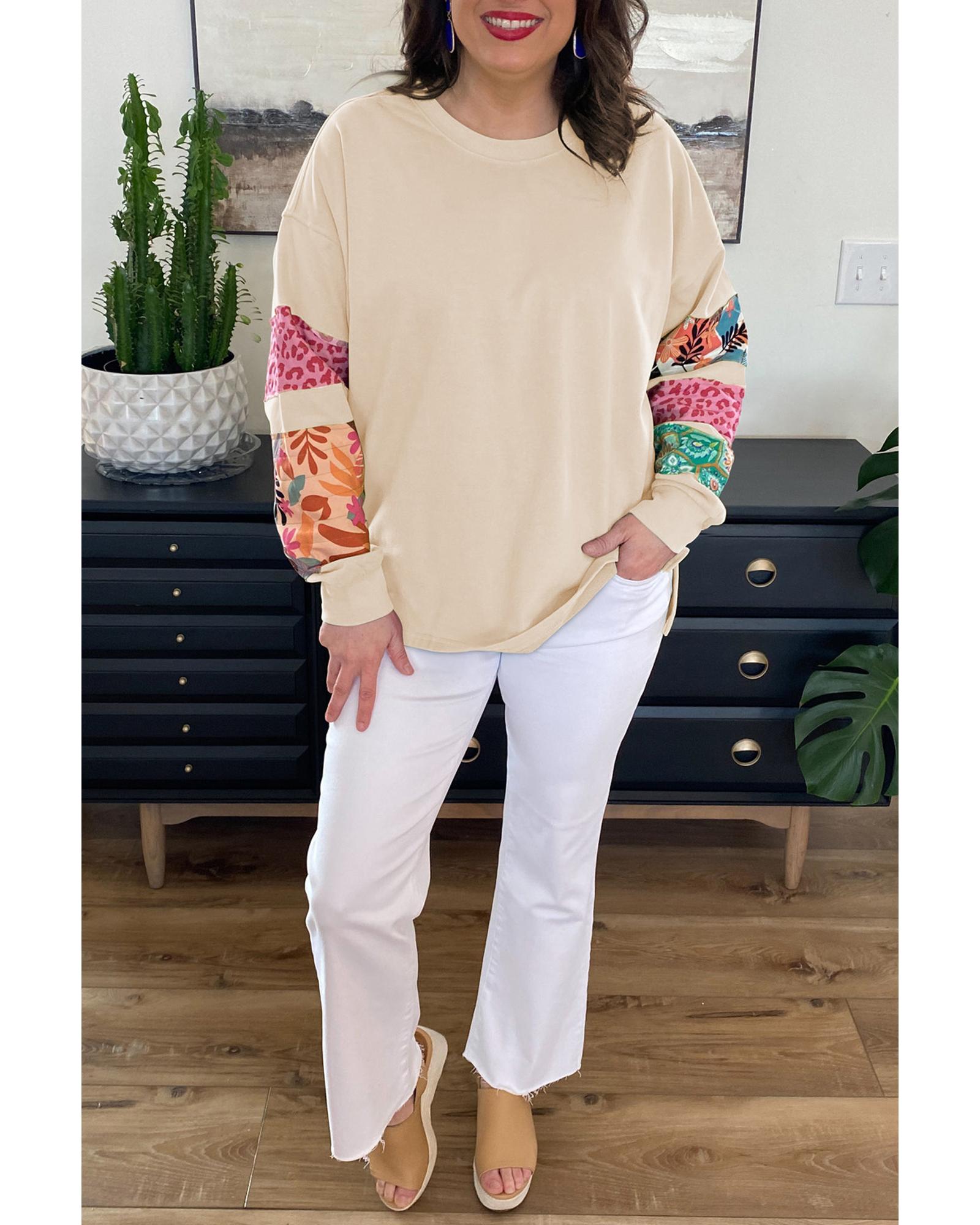 Beige Plus Size Printed Patchwork Sleeve Split Sweatshirt - 4X