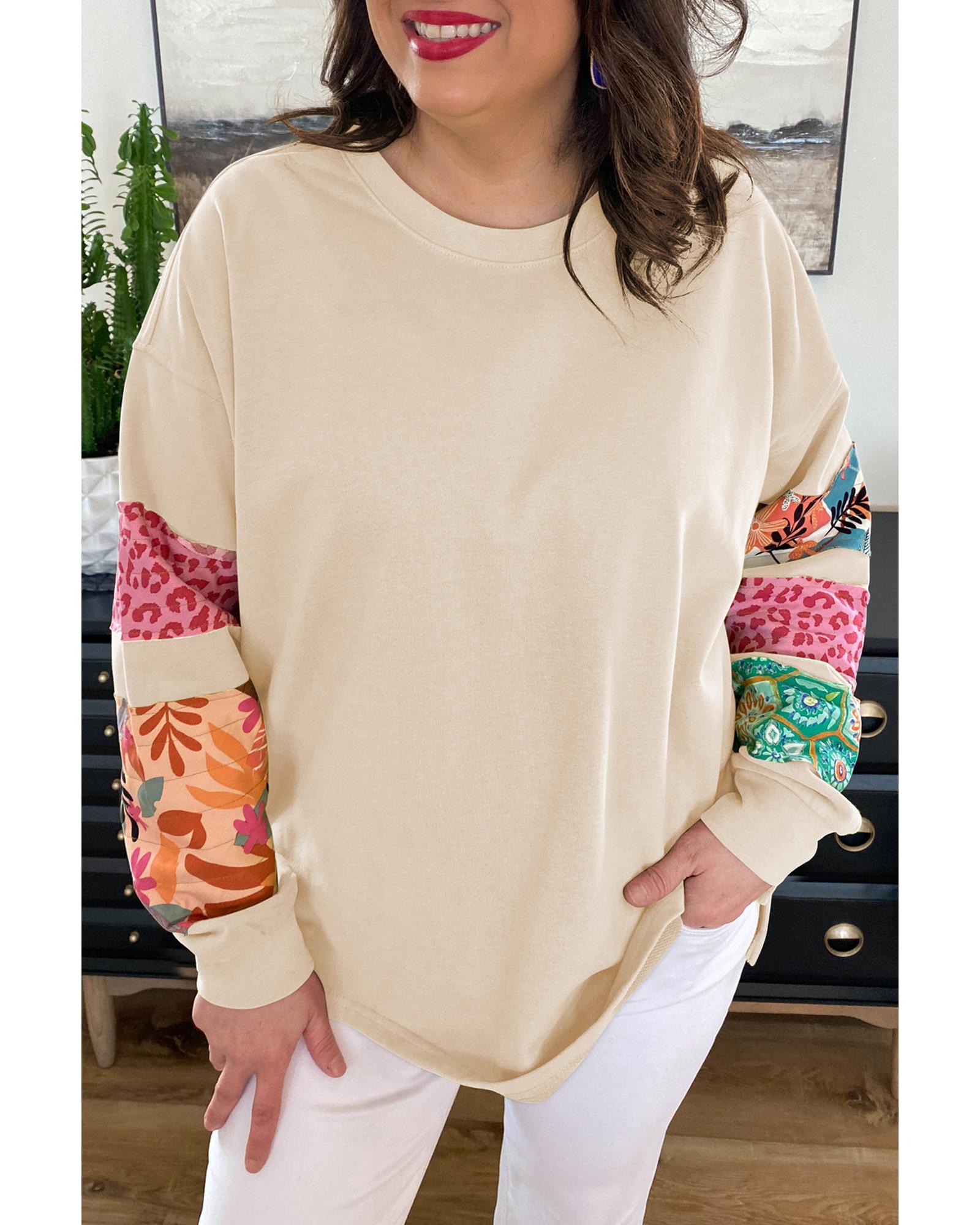 Beige Plus Size Printed Patchwork Sleeve Split Sweatshirt - 4X