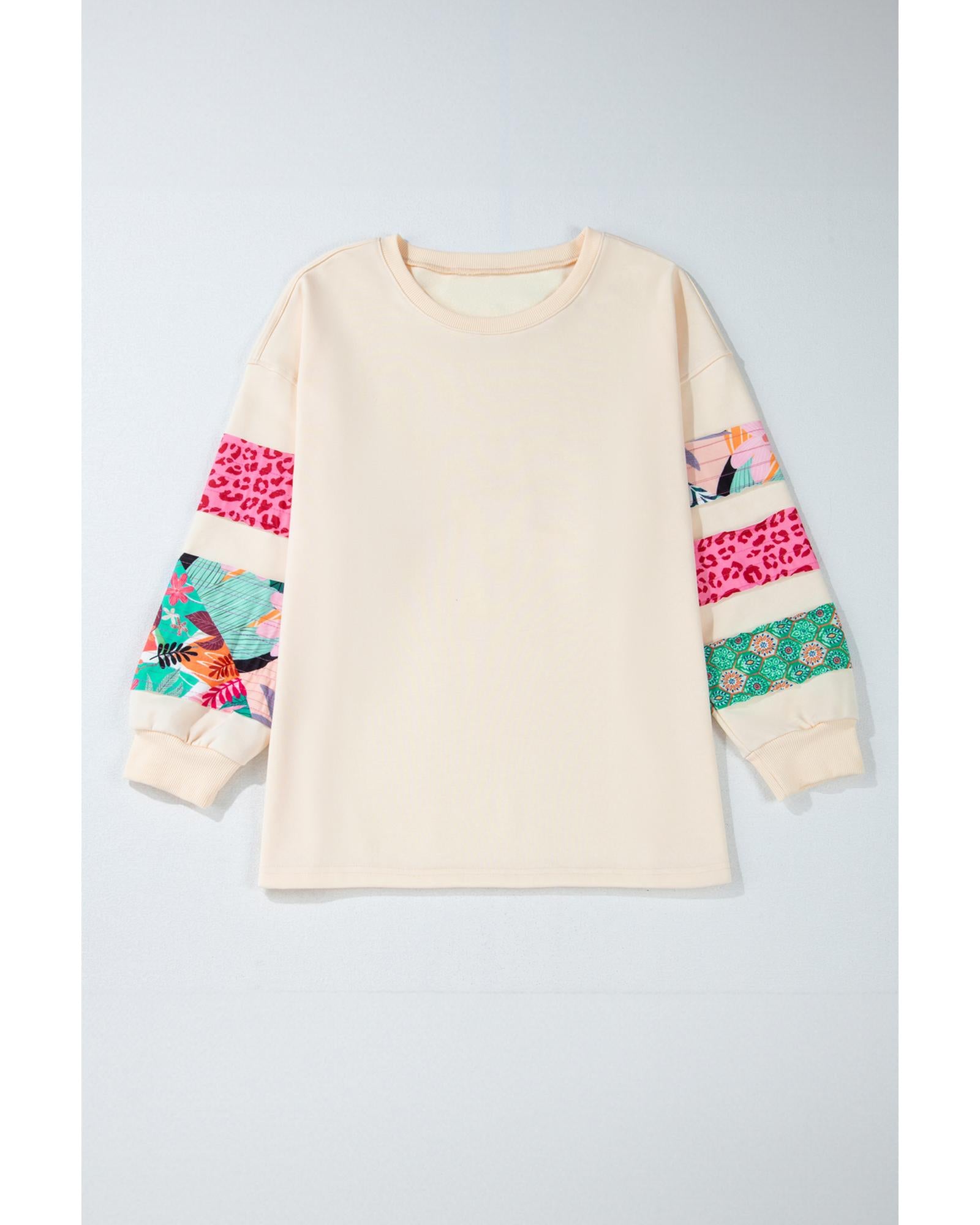 Beige Plus Size Printed Patchwork Sleeve Split Sweatshirt - 4X