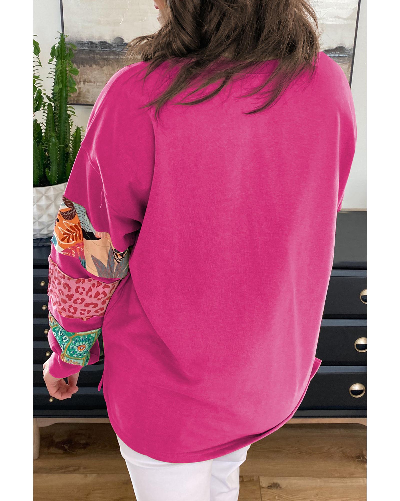 Rose Red Plus Size Printed Patchwork Sleeve Split Sweatshirt - 1X