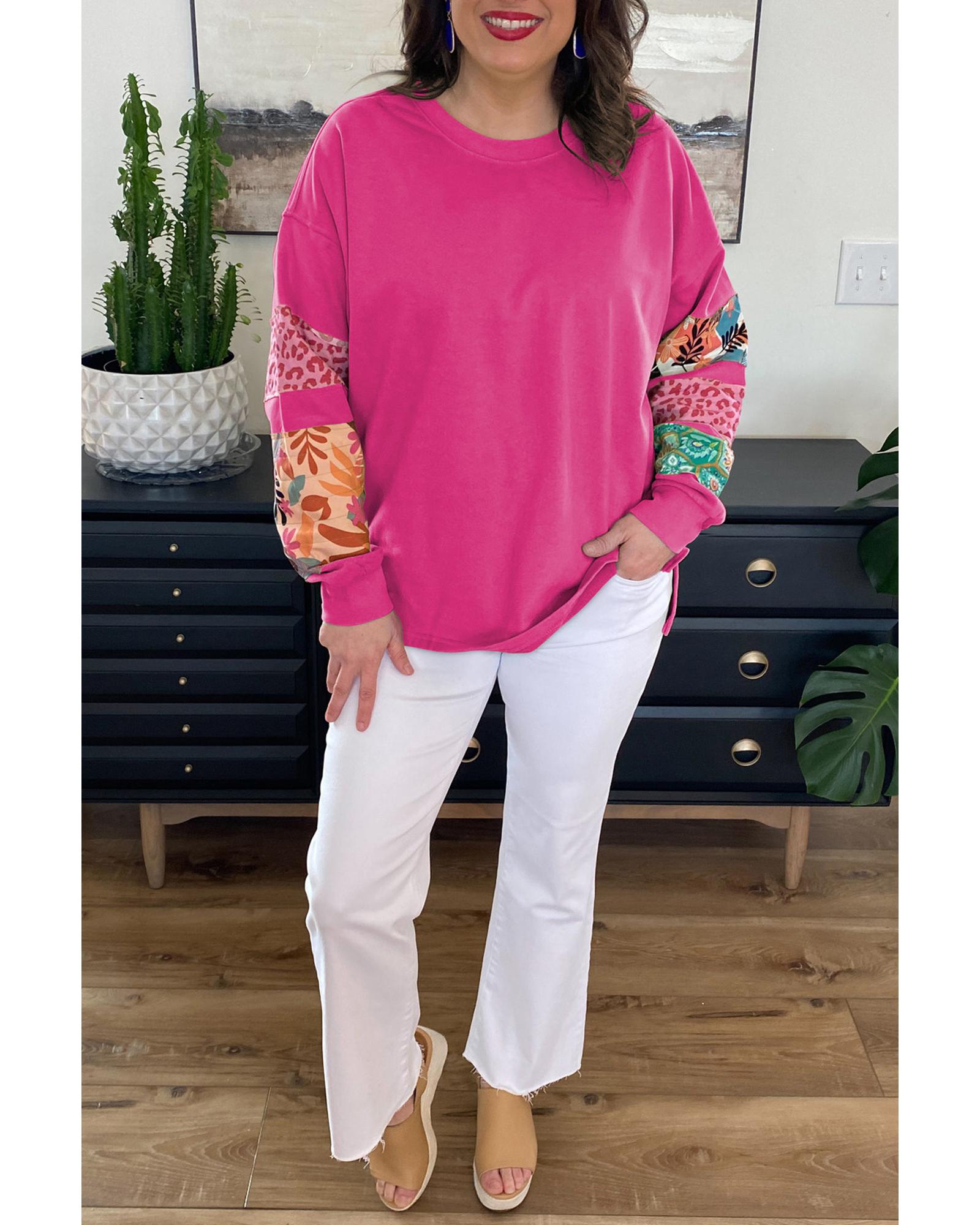 Rose Red Plus Size Printed Patchwork Sleeve Split Sweatshirt - 1X