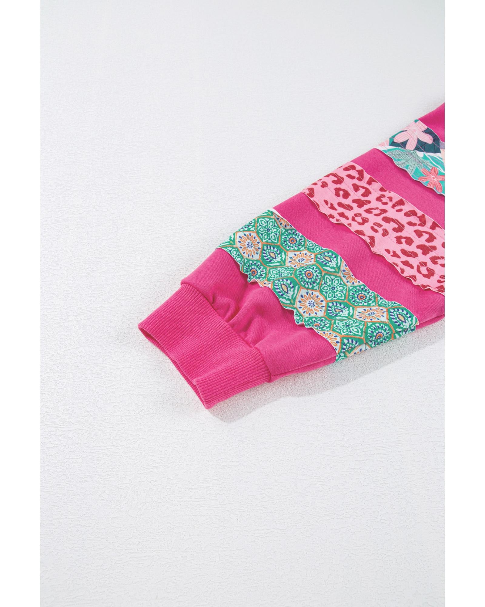 Rose Red Plus Size Printed Patchwork Sleeve Split Sweatshirt - 1X