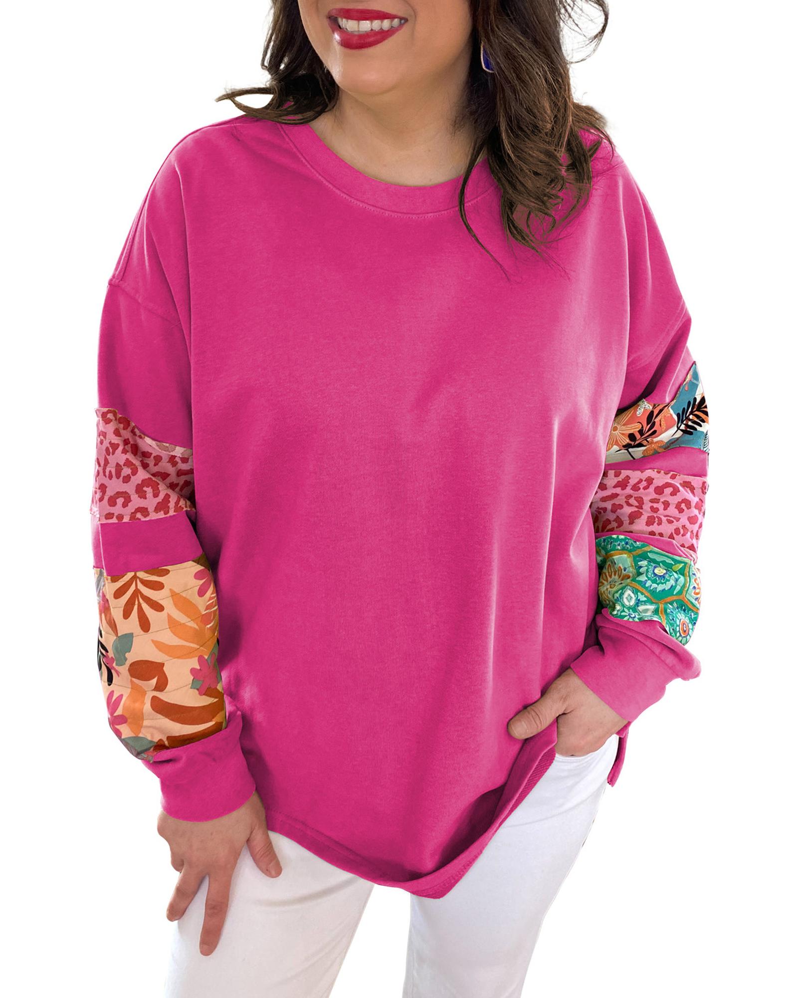 Rose Red Plus Size Printed Patchwork Sleeve Split Sweatshirt - 1X