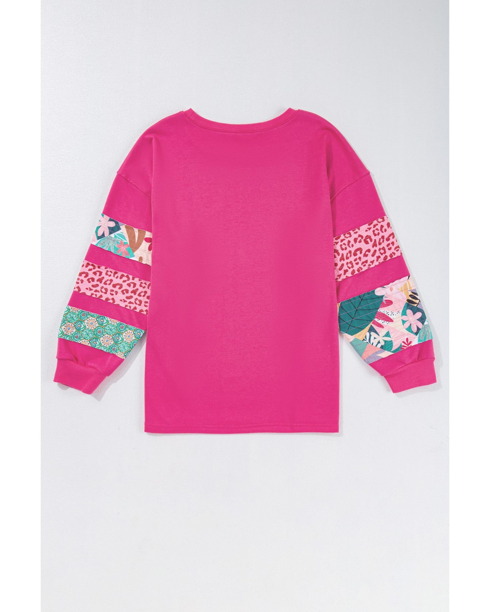 Rose Red Plus Size Printed Patchwork Sleeve Split Sweatshirt - 2X
