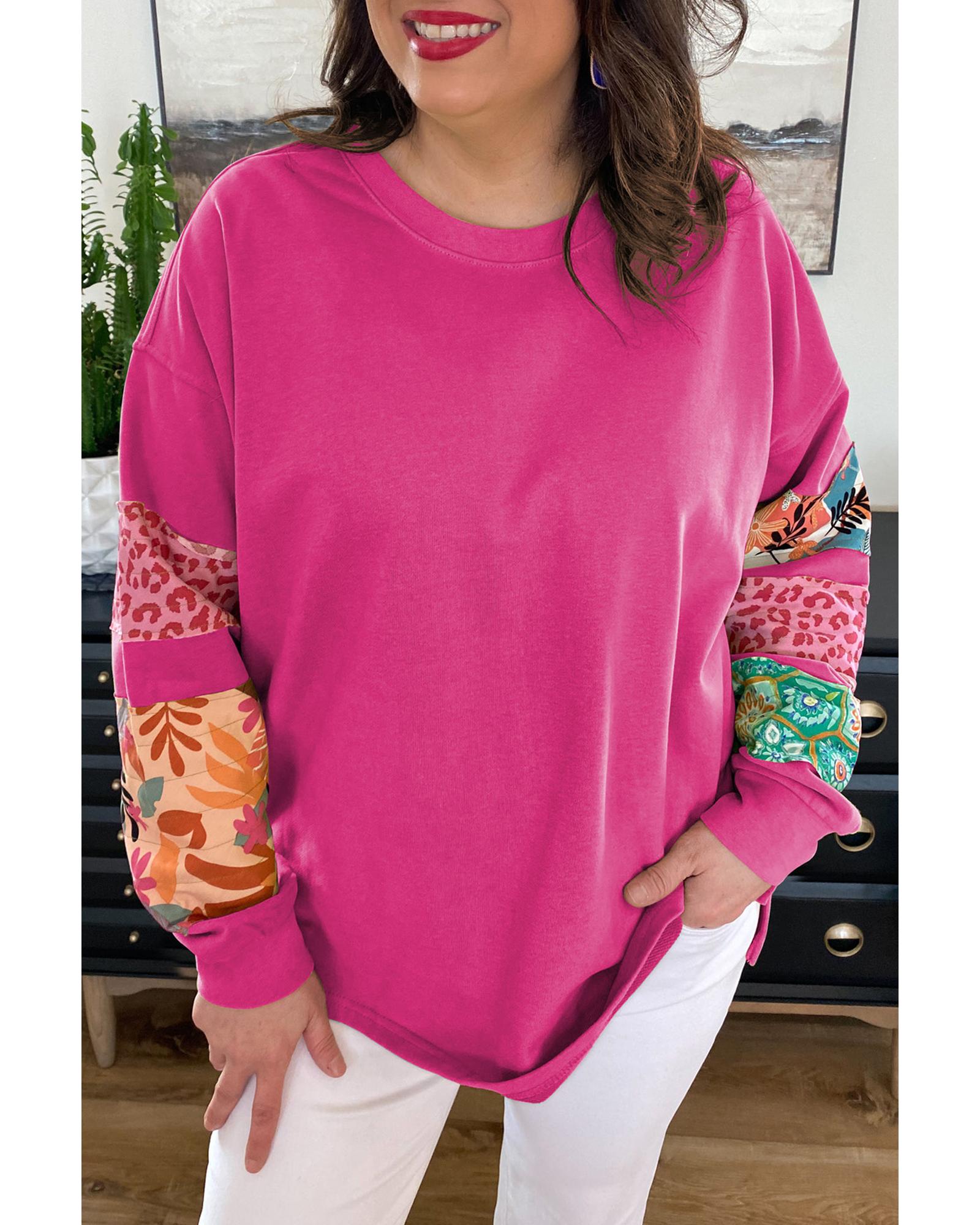 Rose Red Plus Size Printed Patchwork Sleeve Split Sweatshirt - 4X