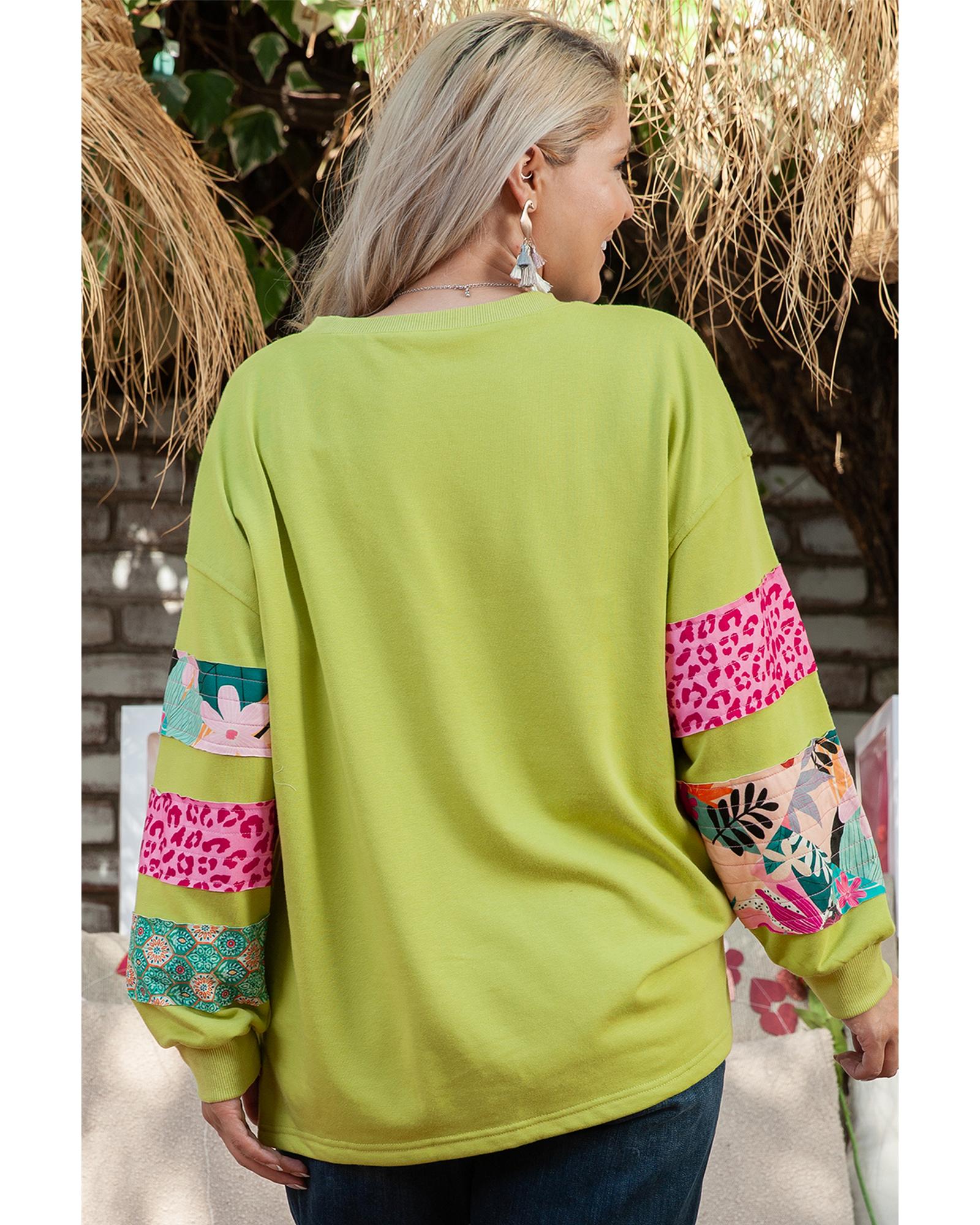 Green Plus Size Printed Patchwork Sleeve Split Sweatshirt - 1X