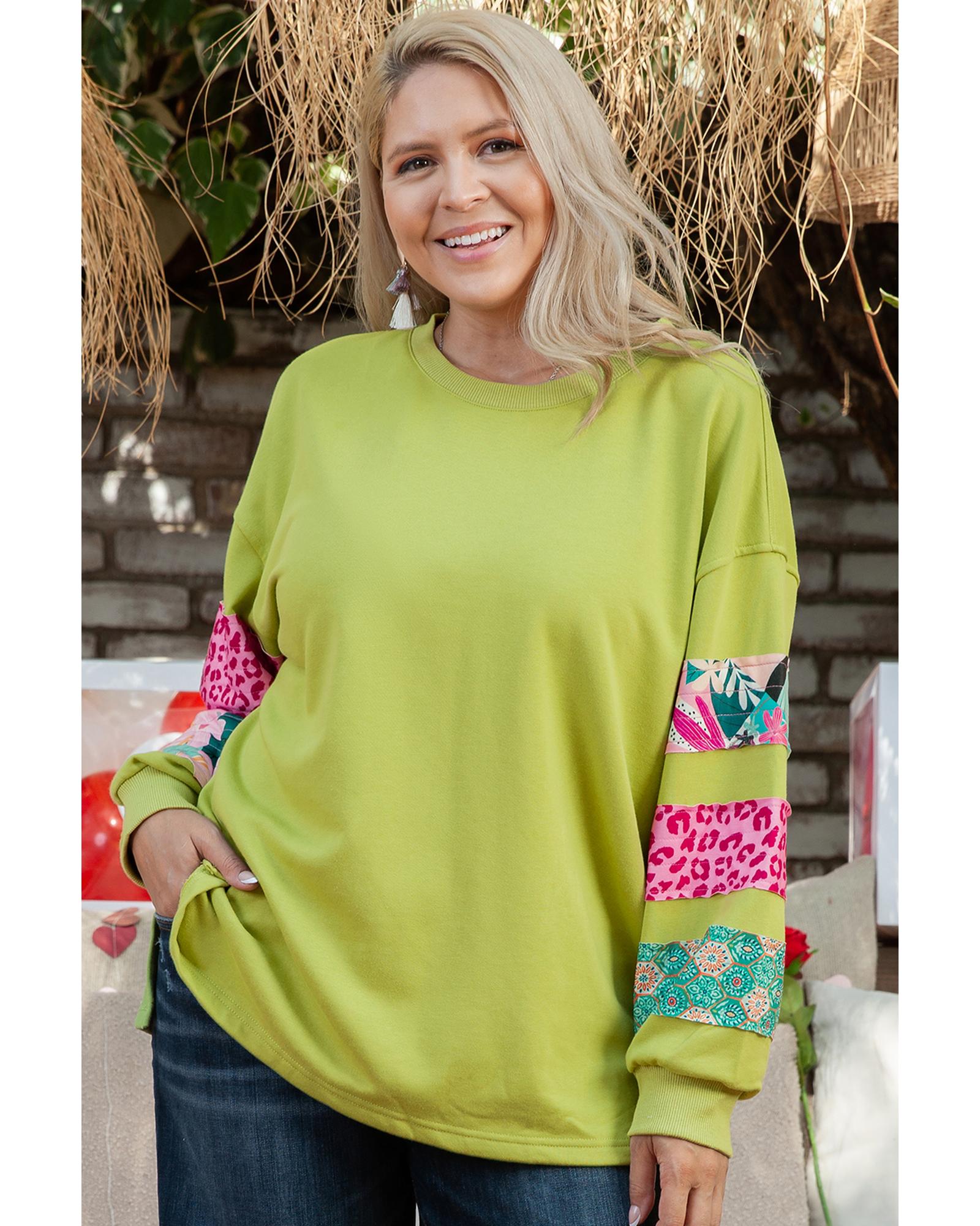 Green Plus Size Printed Patchwork Sleeve Split Sweatshirt - 2X