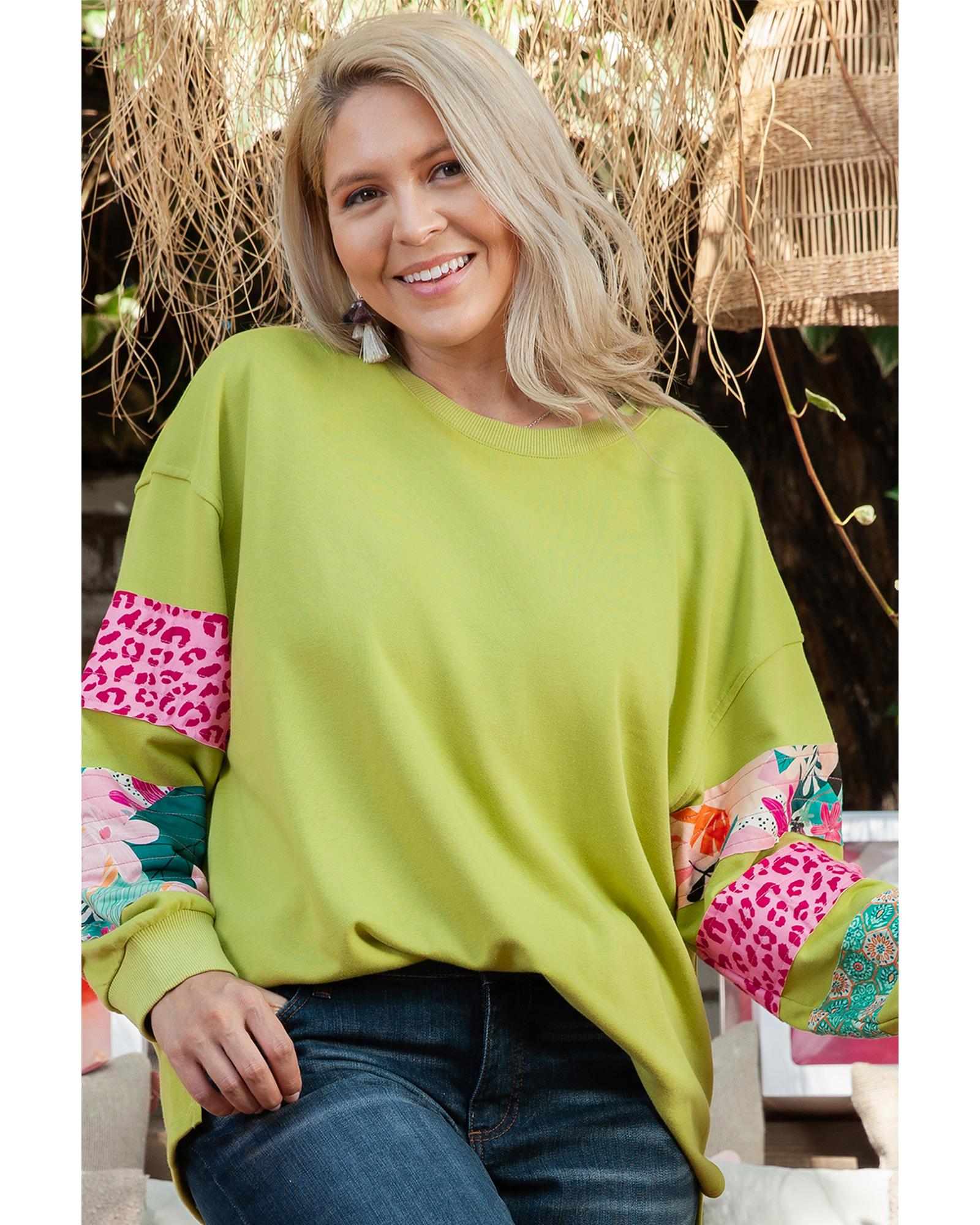 Green Plus Size Printed Patchwork Sleeve Split Sweatshirt - 3X