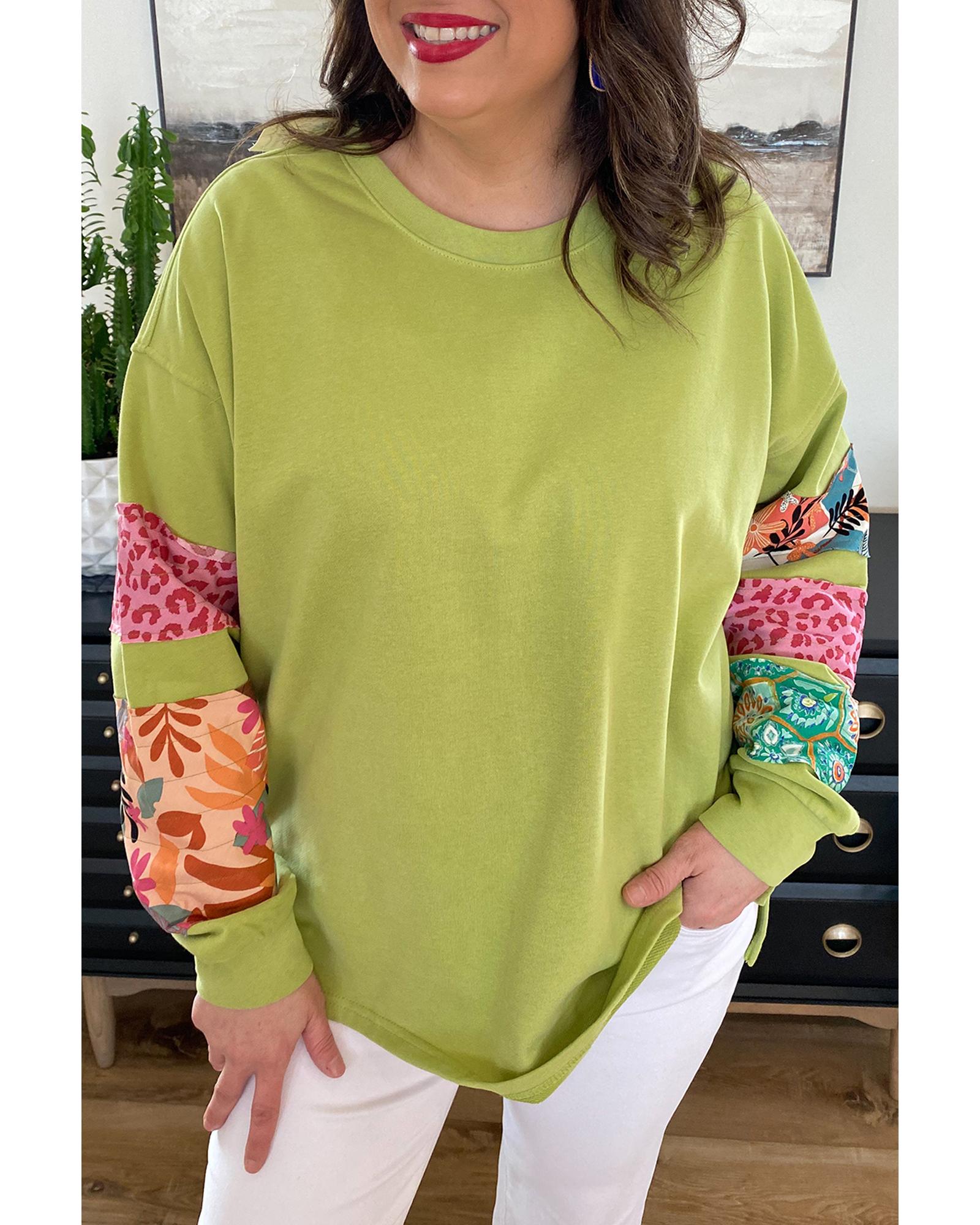 Green Plus Size Printed Patchwork Sleeve Split Sweatshirt - 3X