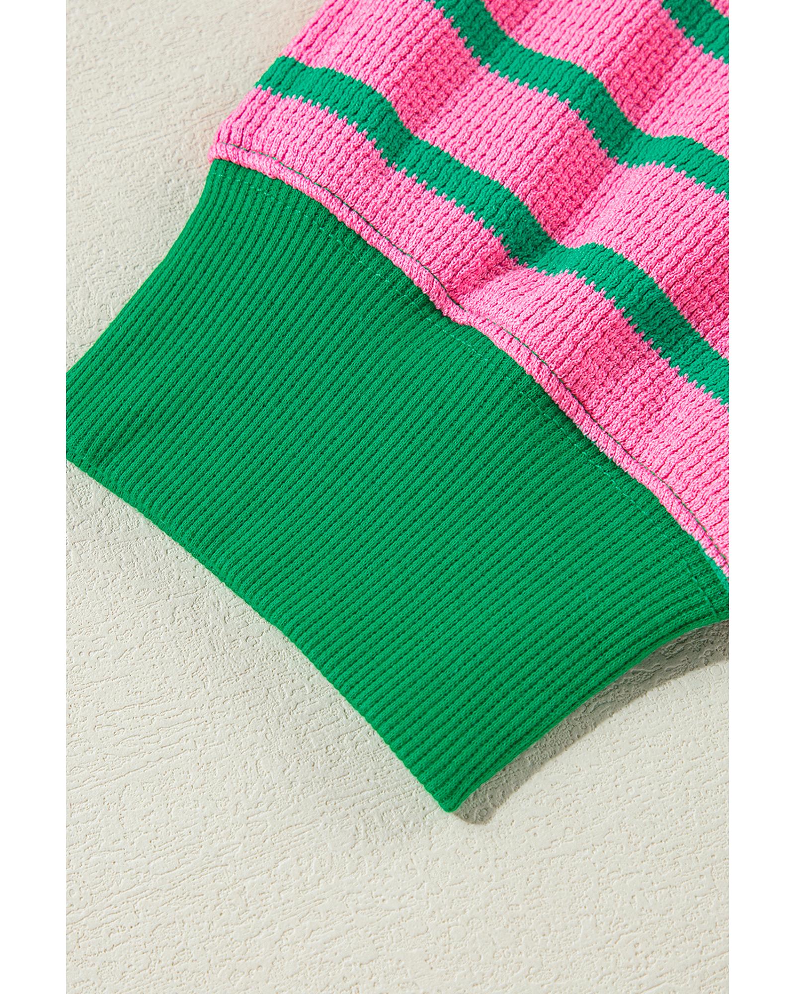 Pink Stripe Waffle Knit Crew Neck Plus Size Sweatshirt - 1X