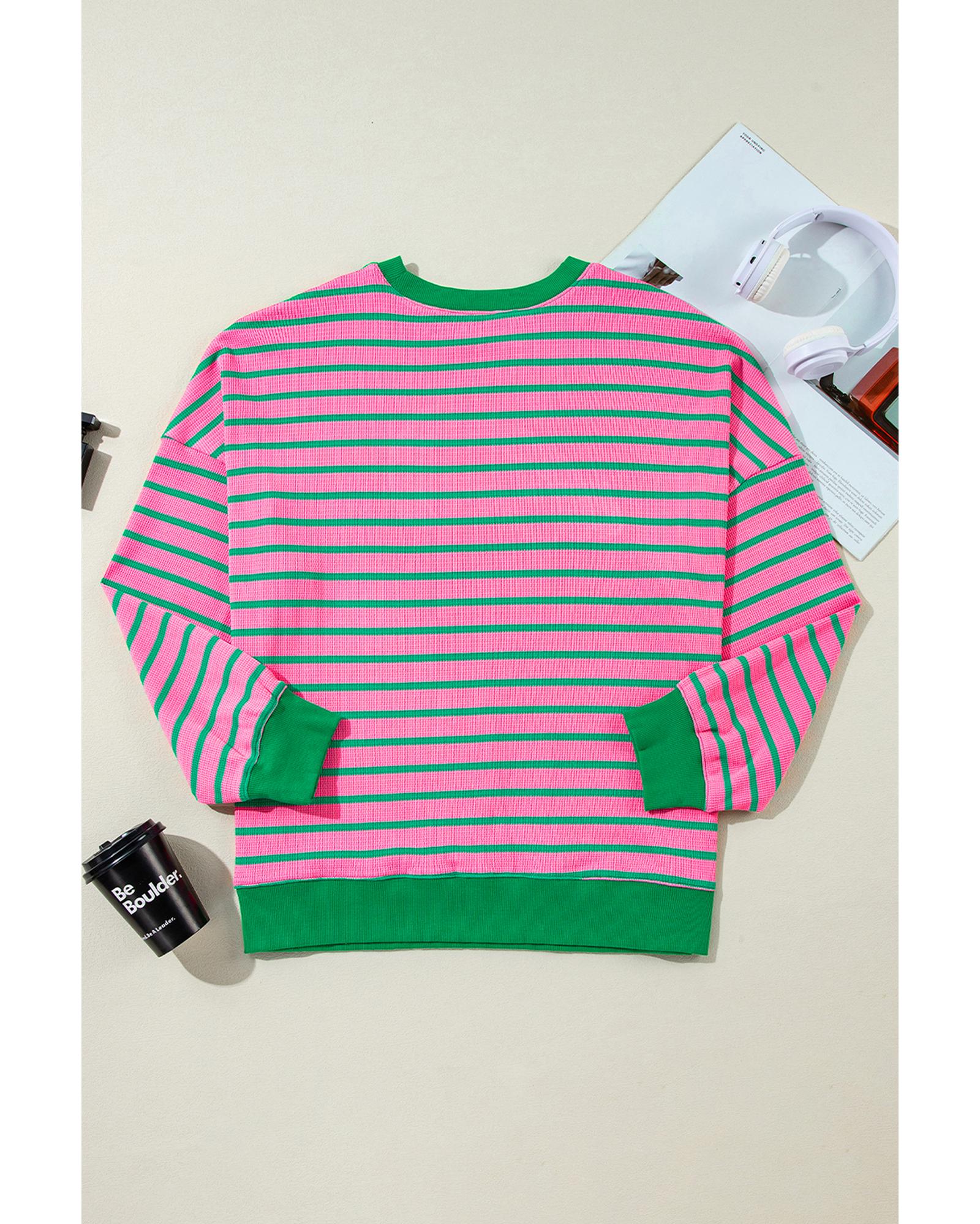 Pink Stripe Waffle Knit Crew Neck Plus Size Sweatshirt - 1X