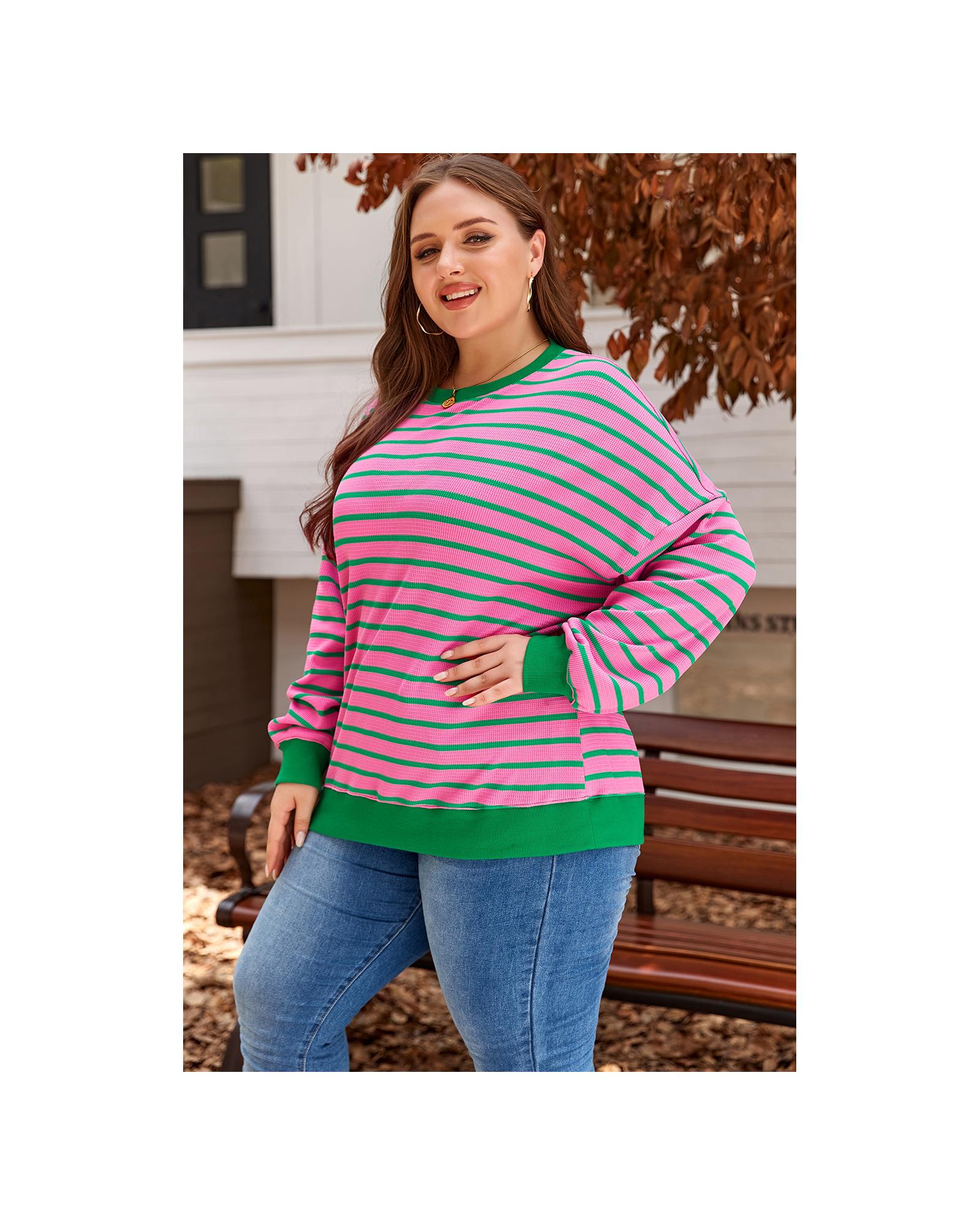 Pink Stripe Waffle Knit Crew Neck Plus Size Sweatshirt - 2X