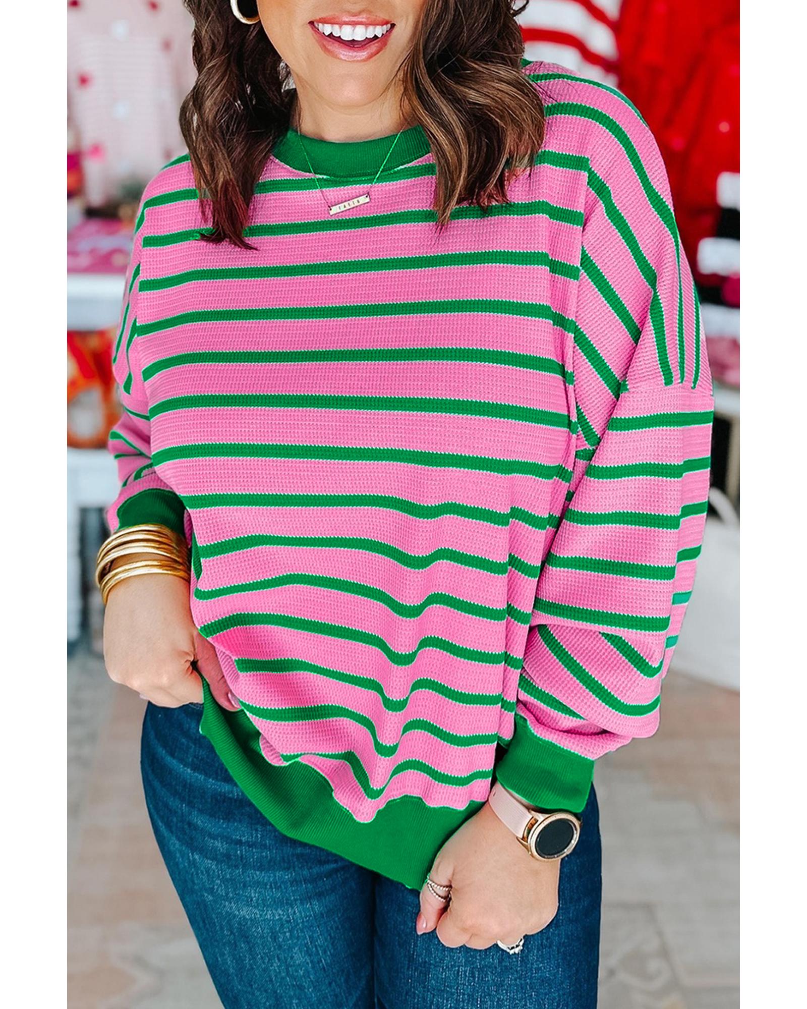 Pink Stripe Waffle Knit Crew Neck Plus Size Sweatshirt - 2X