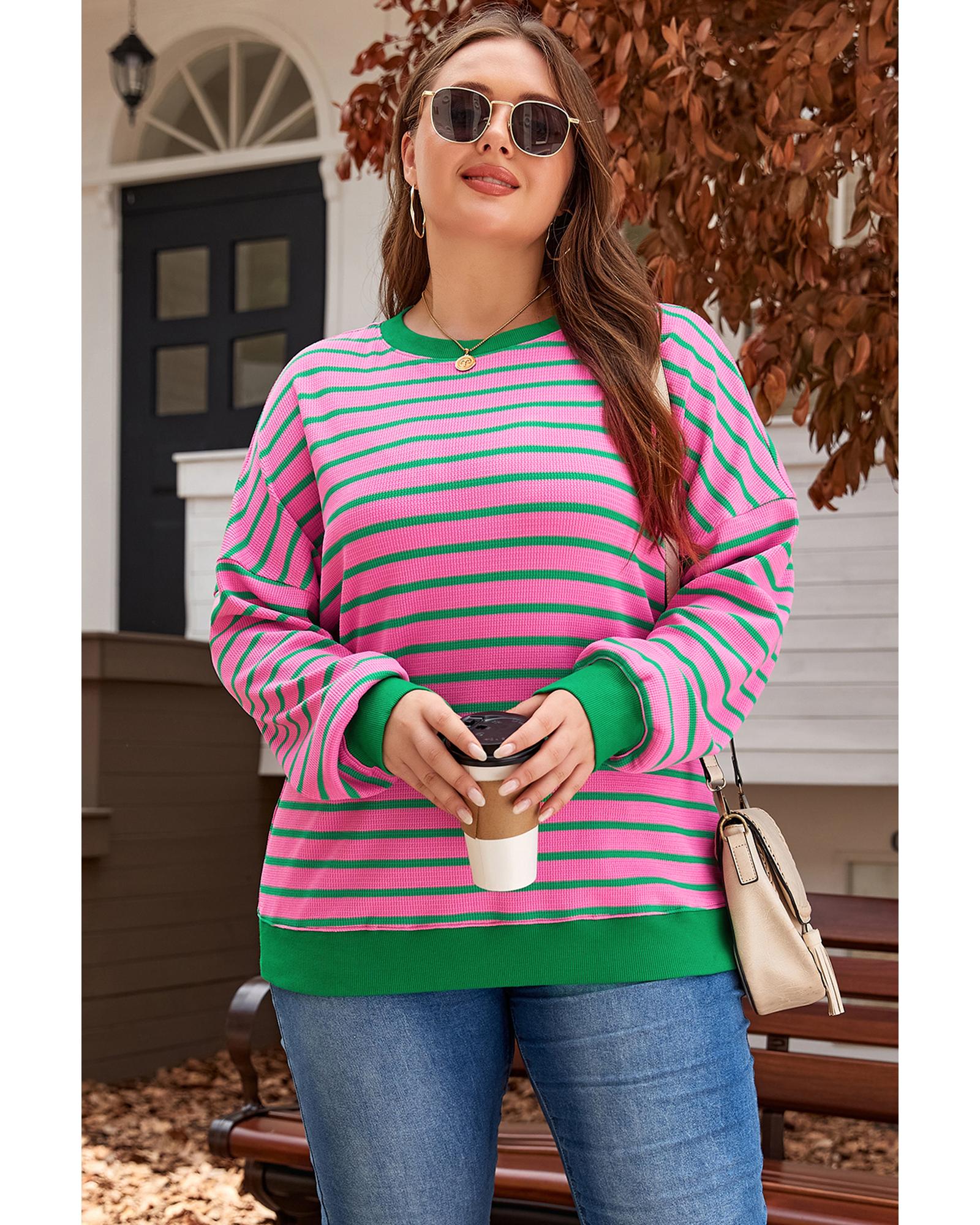 Pink Stripe Waffle Knit Crew Neck Plus Size Sweatshirt - 2X