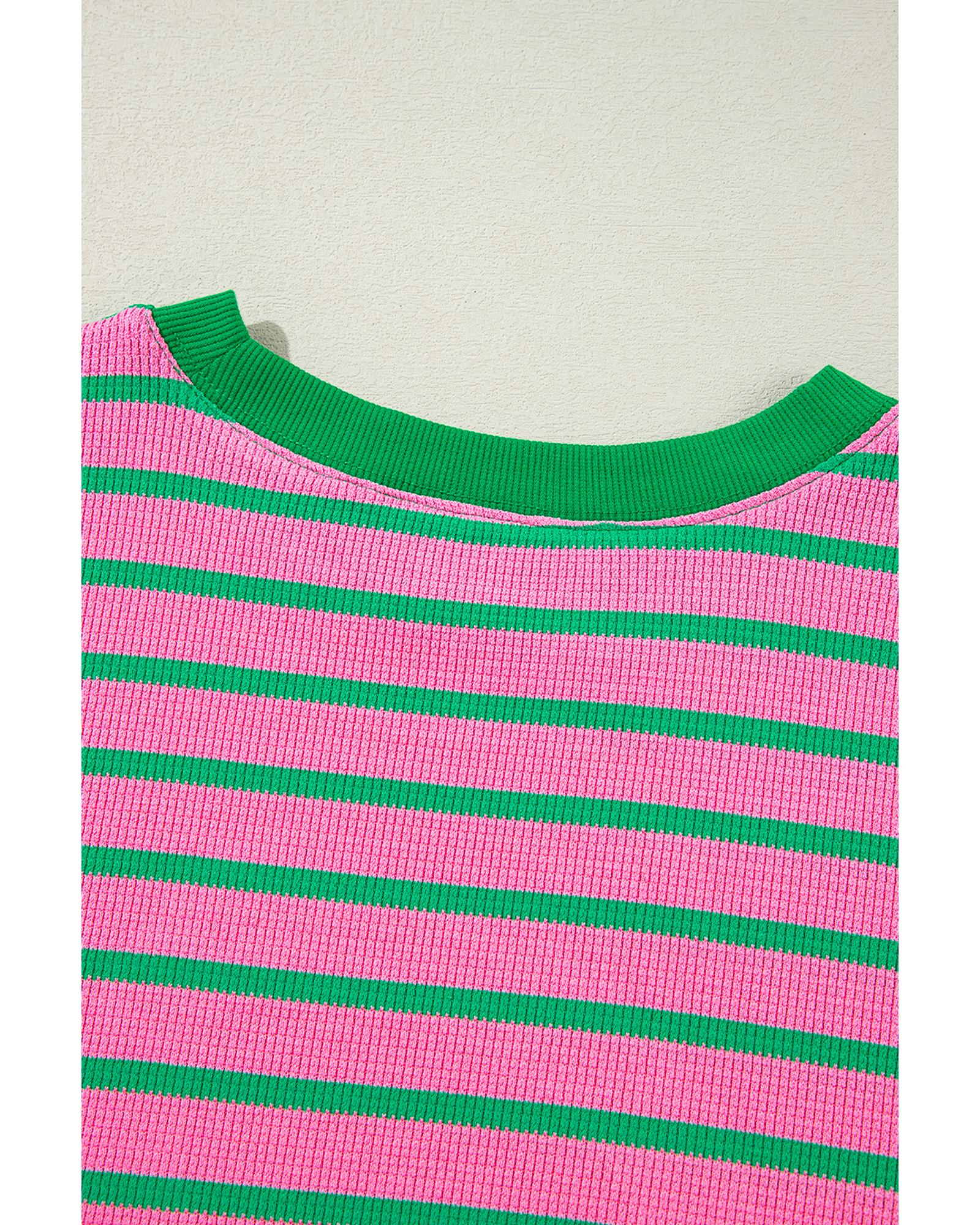 Pink Stripe Waffle Knit Crew Neck Plus Size Sweatshirt - 2X