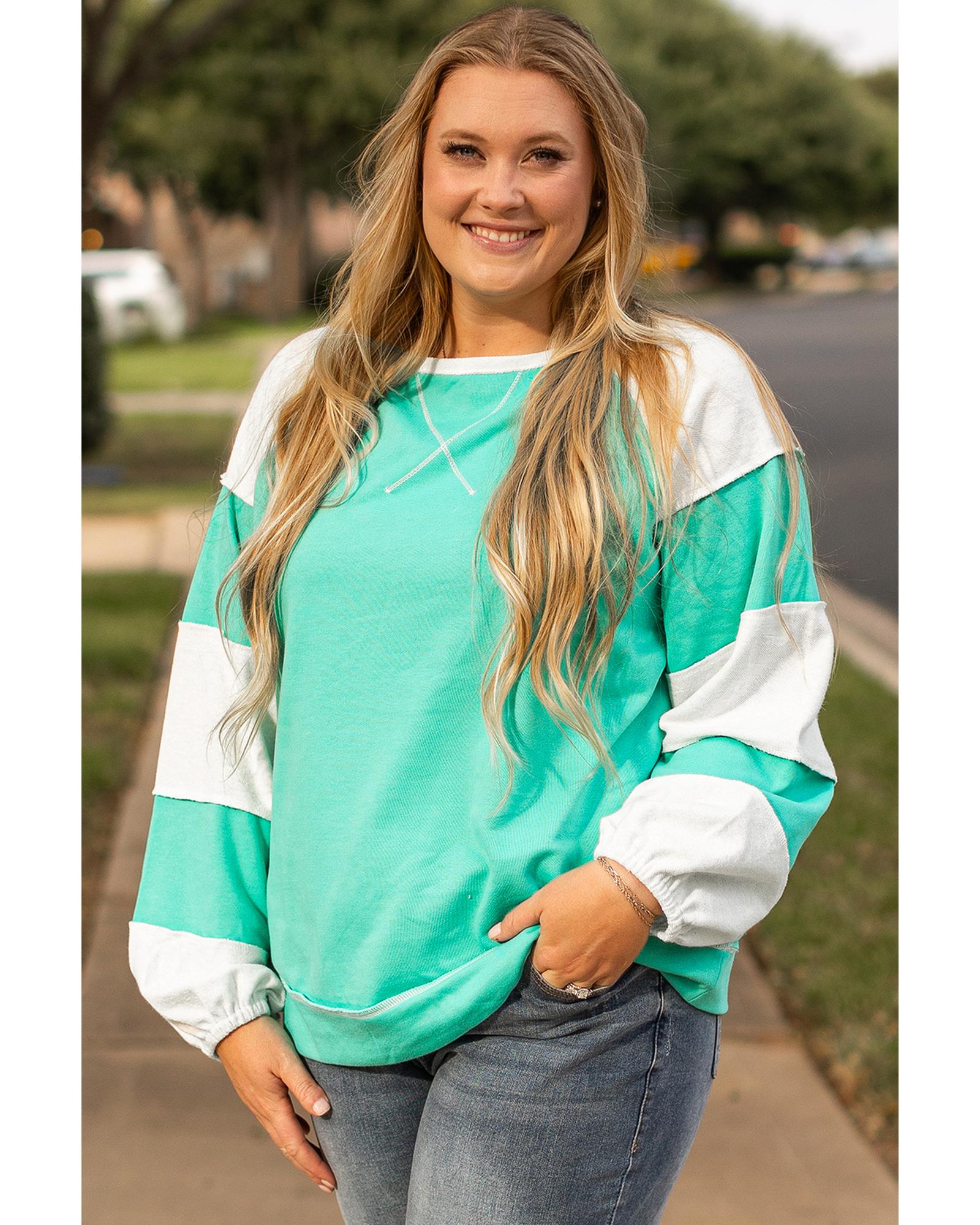 Aruba Blue Colorblock Patchwork Cross Seam Plus Sweatshirt - 1X