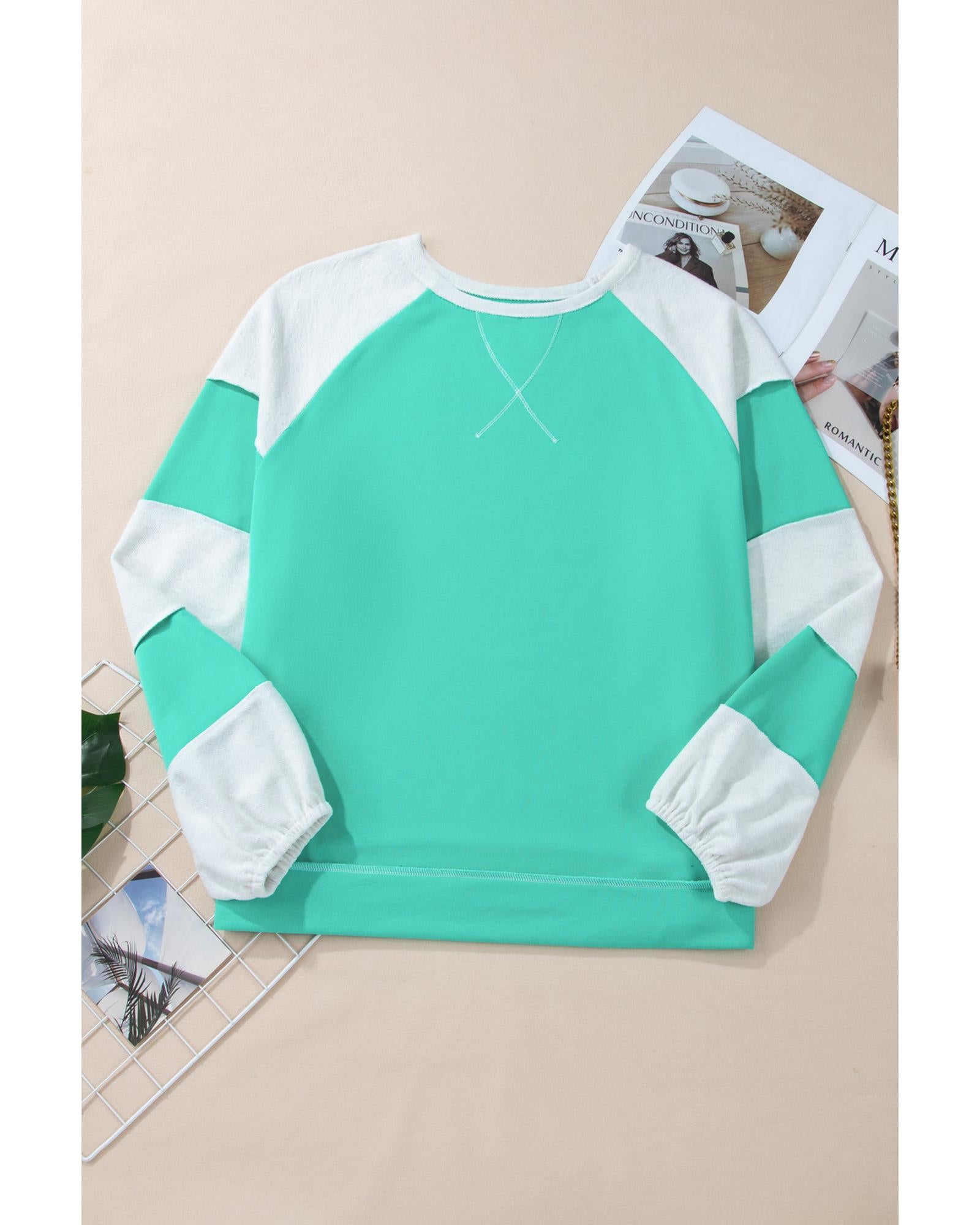 Aruba Blue Colorblock Patchwork Cross Seam Plus Sweatshirt - 1X