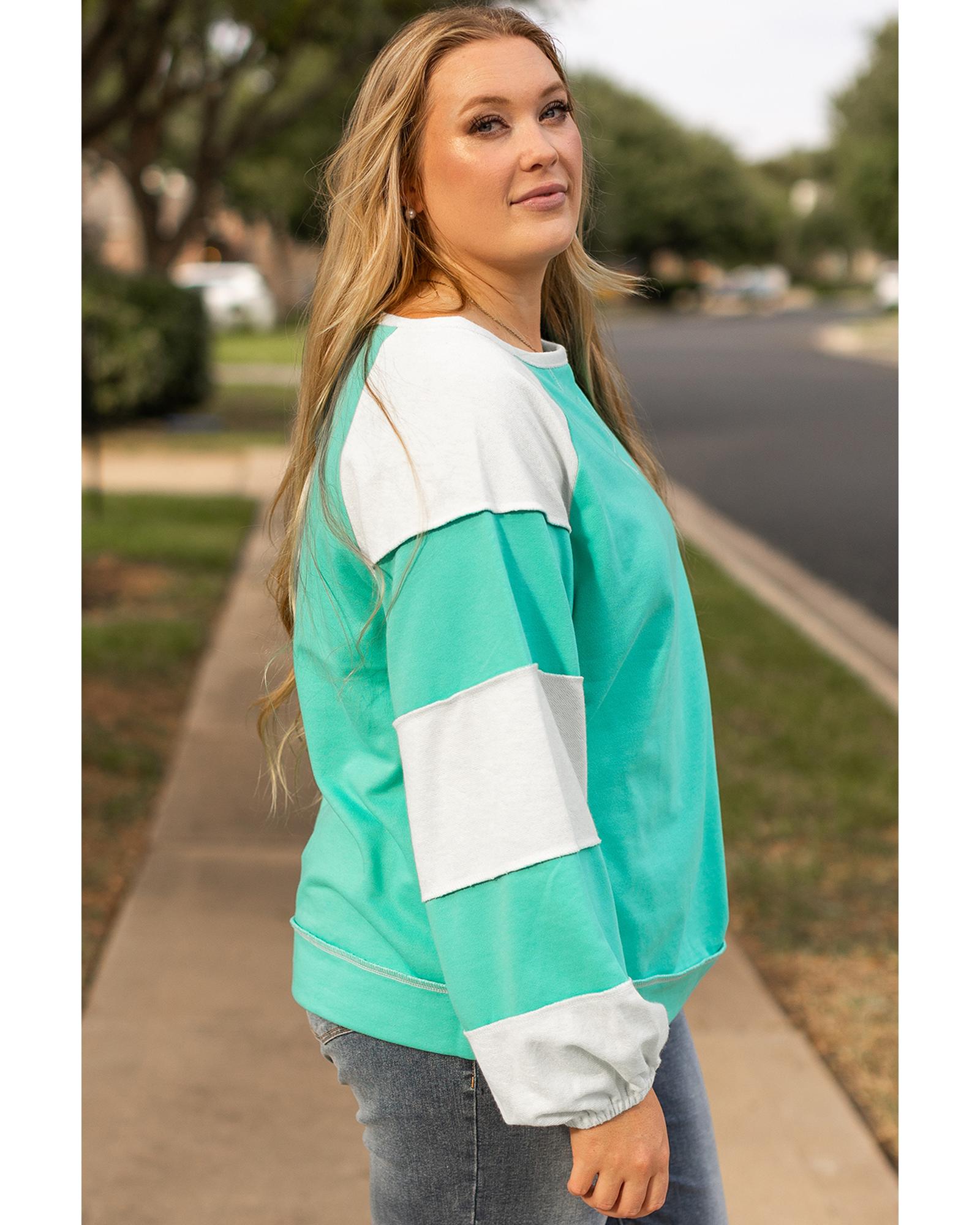 Aruba Blue Colorblock Patchwork Cross Seam Plus Sweatshirt - 1X