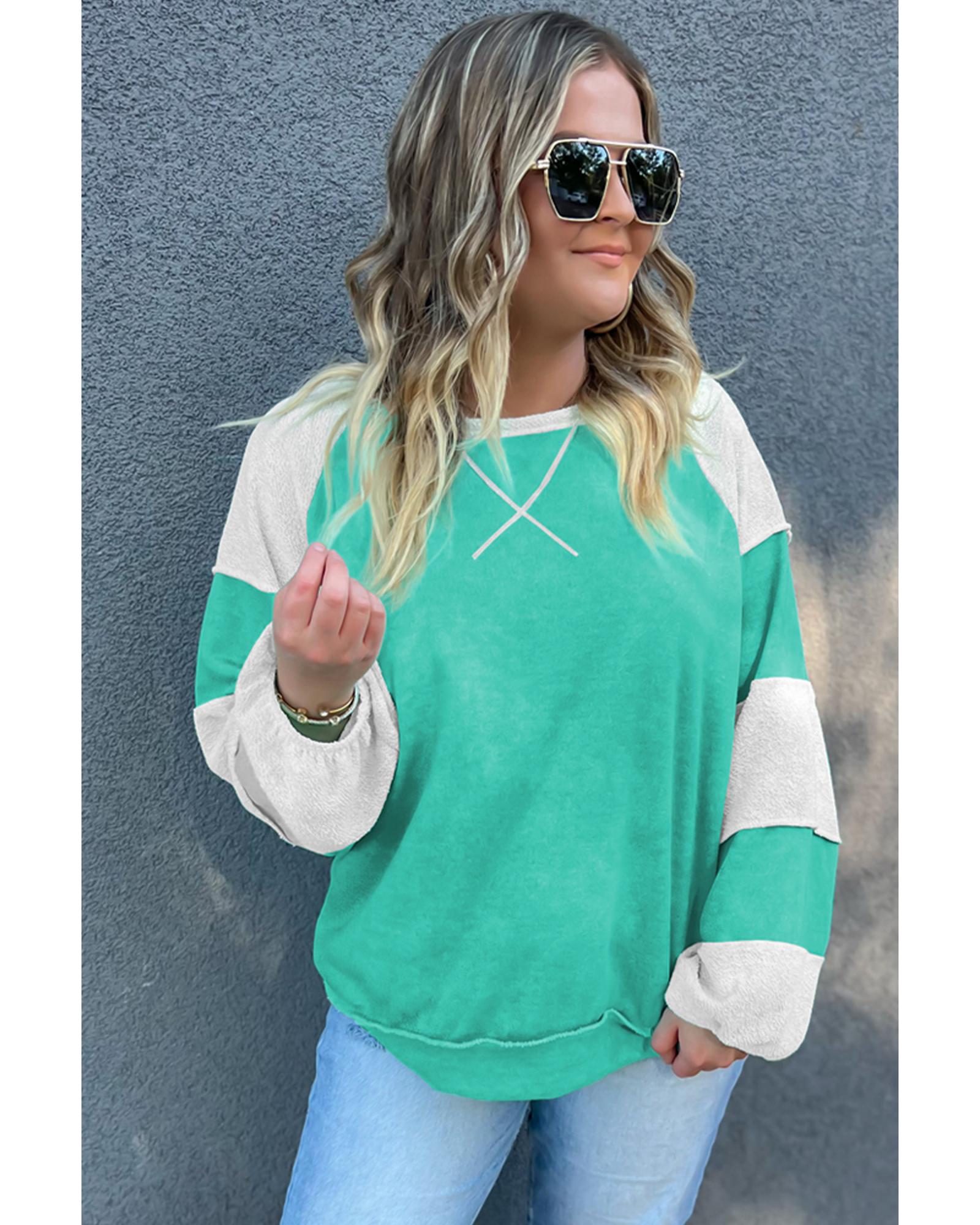 Aruba Blue Colorblock Patchwork Cross Seam Plus Sweatshirt - 2X