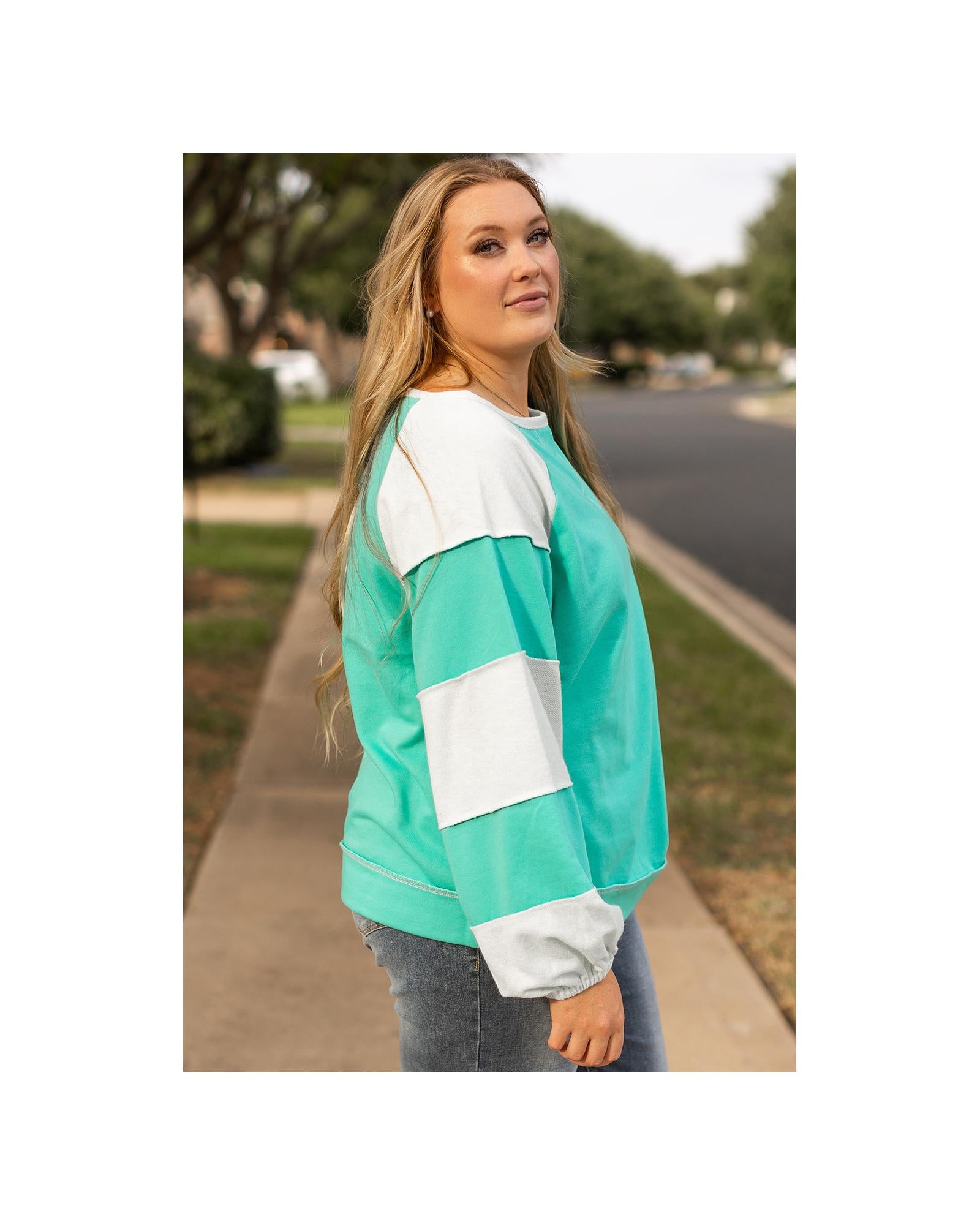 Aruba Blue Colorblock Patchwork Cross Seam Plus Sweatshirt - 3X