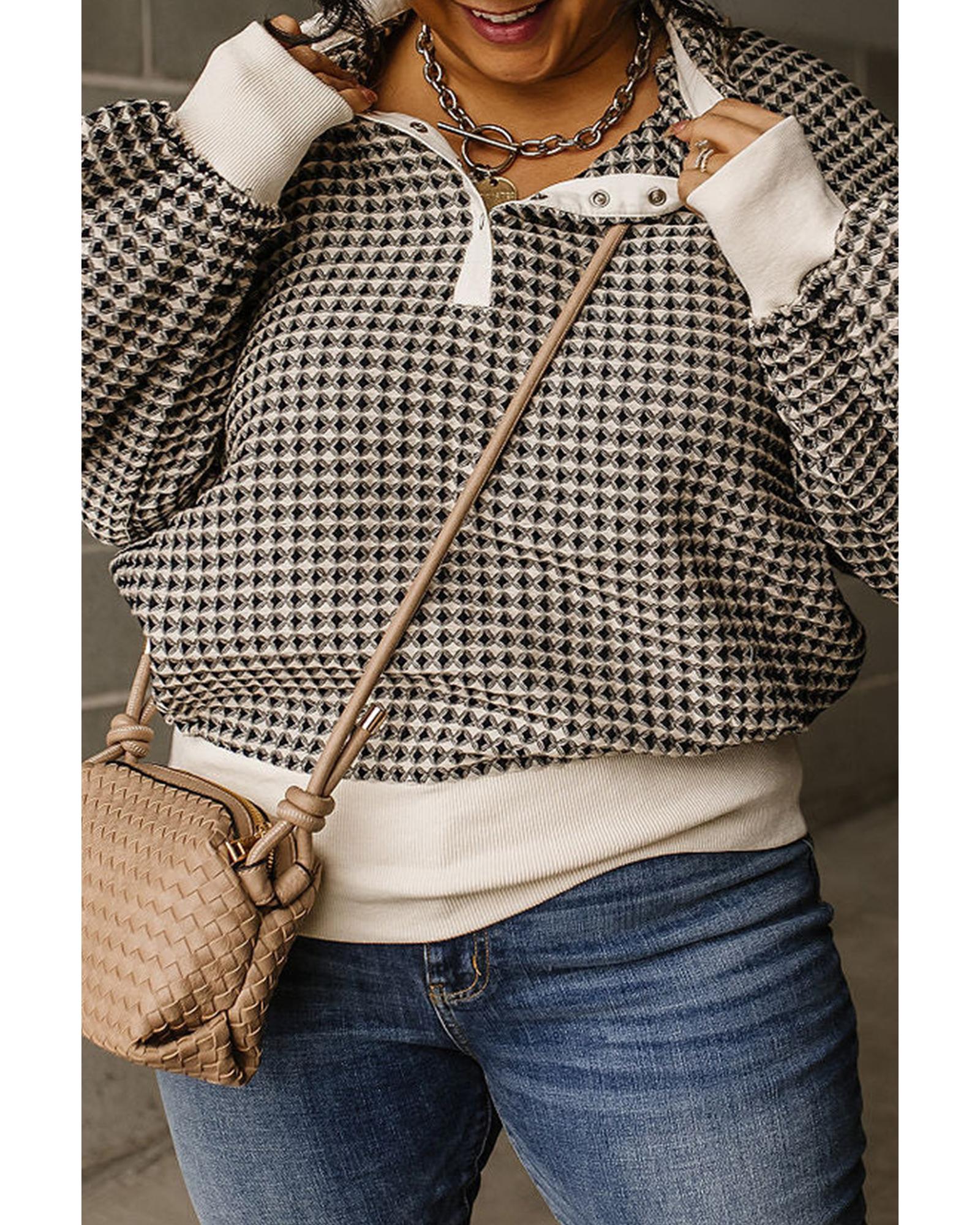 Black Plus Size Two Tone Contrast Collared Pullover Sweatshirt - 1X