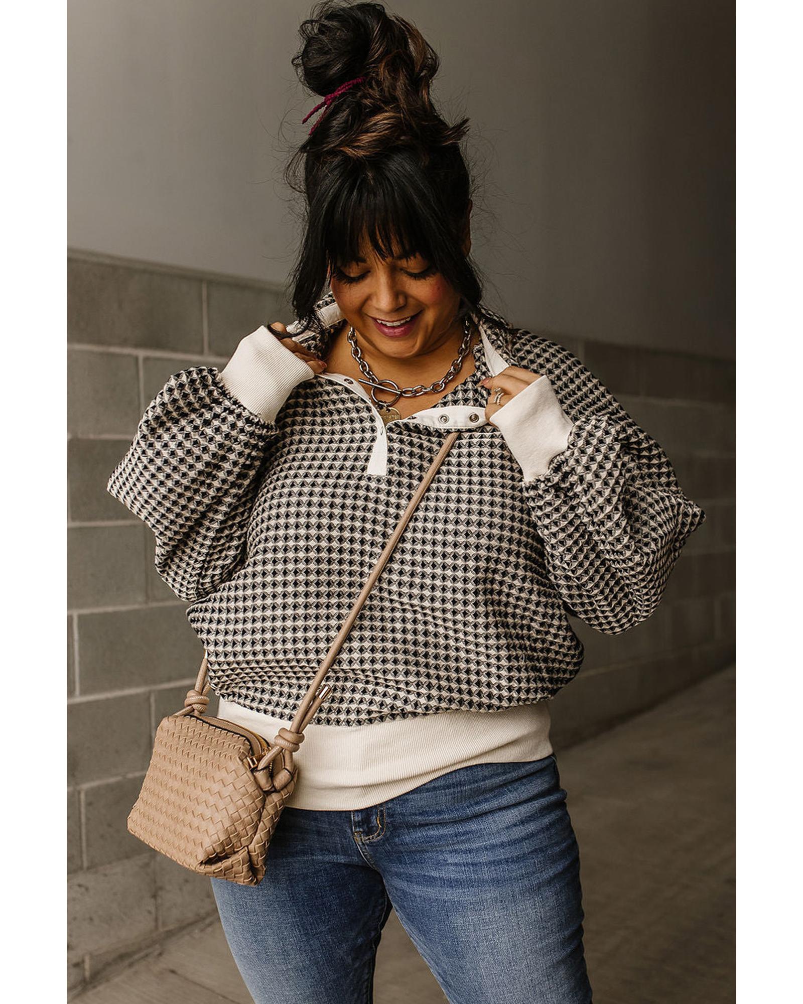 Black Plus Size Two Tone Contrast Collared Pullover Sweatshirt - 3X