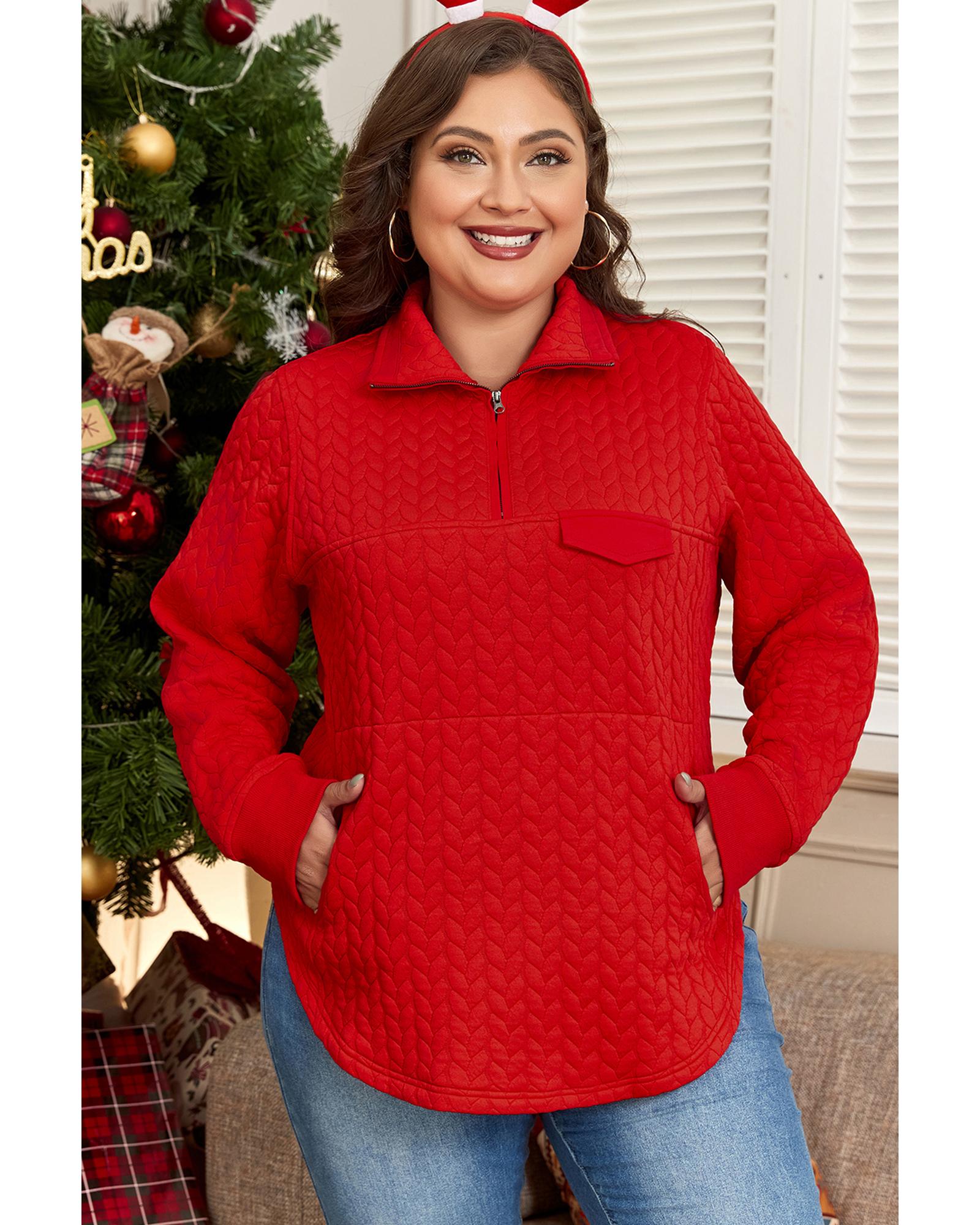 Tomato Red Cable Textured Quarter Zip Pocketed Plus Size Pullover - 1X