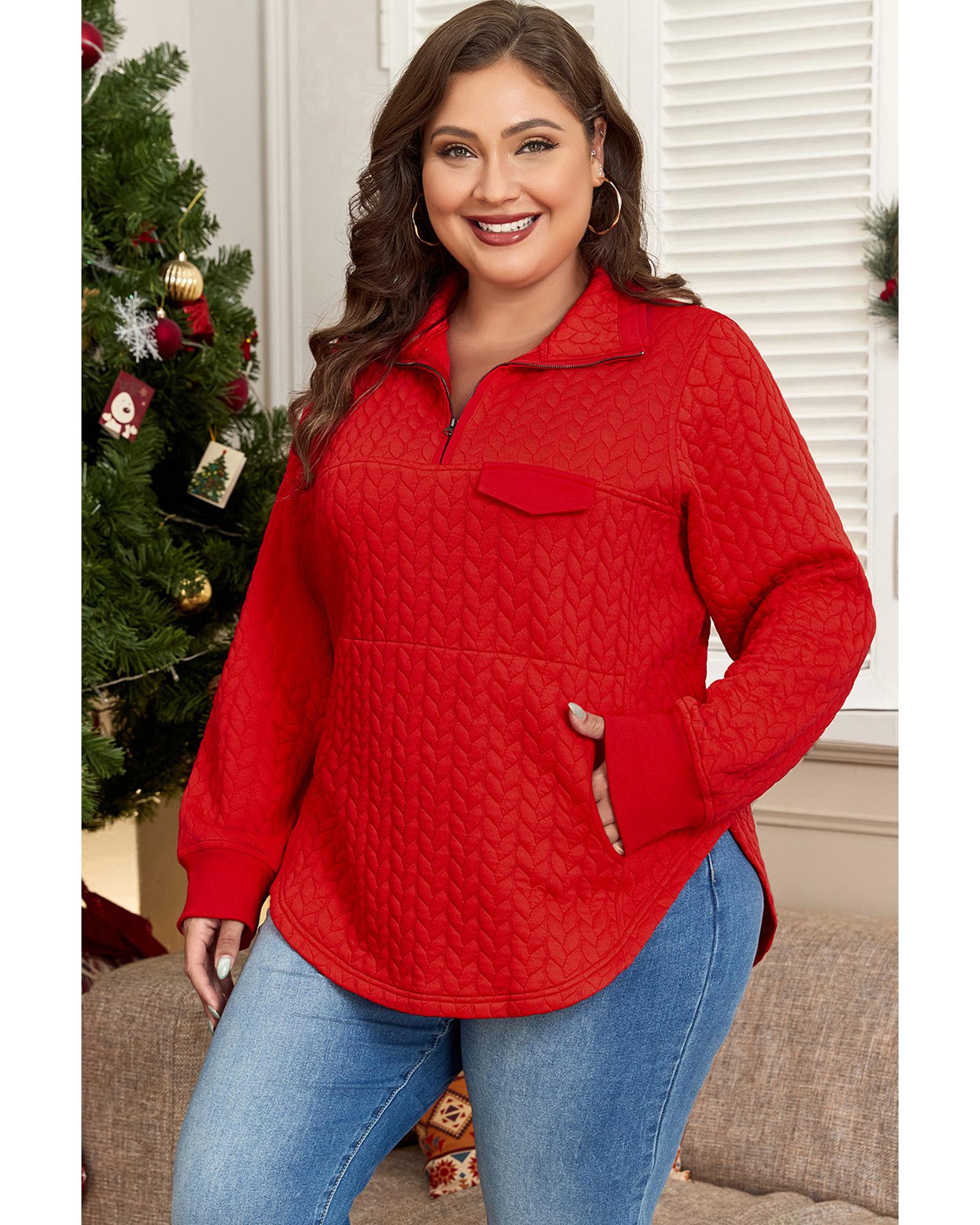 Tomato Red Cable Textured Quarter Zip Pocketed Plus Size Pullover - 1X