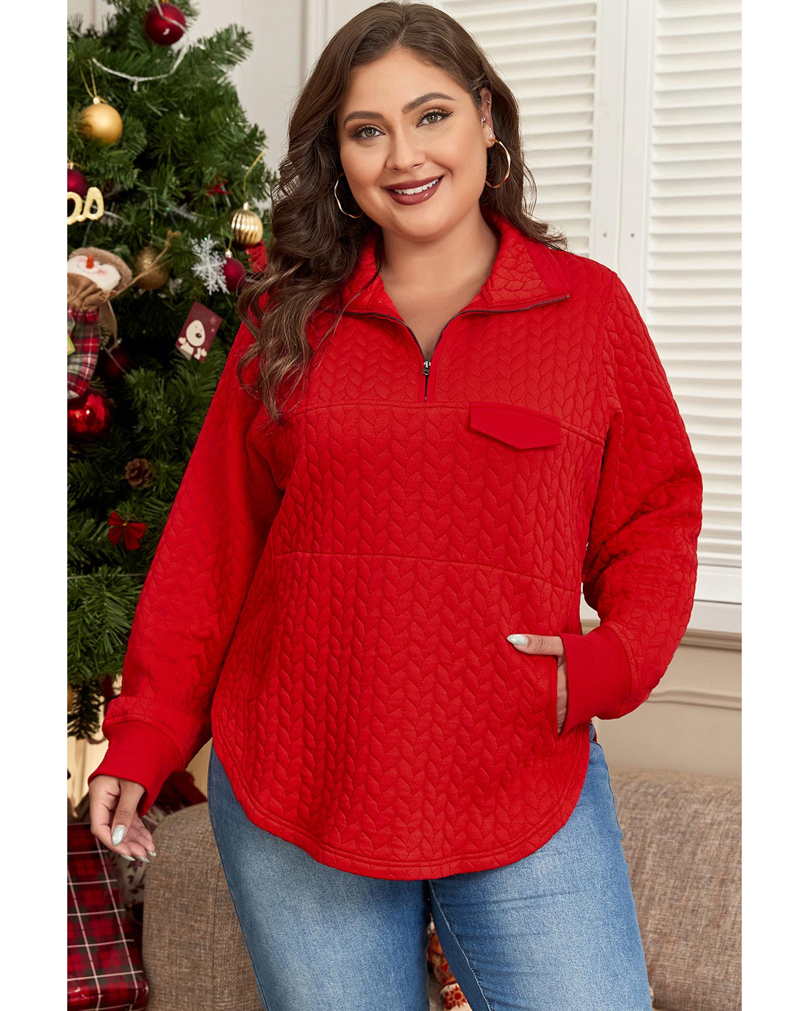 Tomato Red Cable Textured Quarter Zip Pocketed Plus Size Pullover - 1X