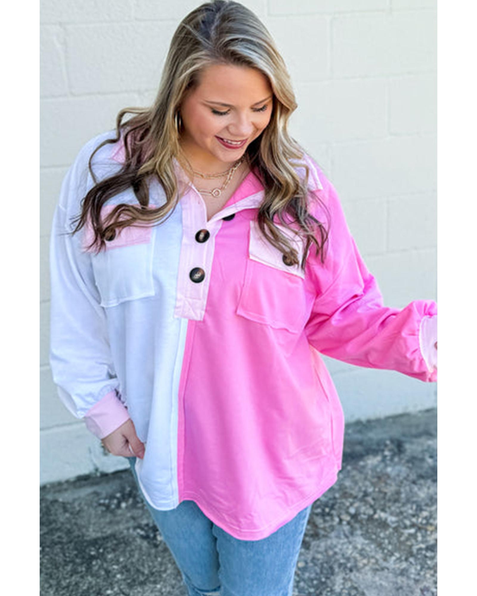 Bonbon Color Block Chest Pockets Half Button Plus Size Sweatshirt - 2X