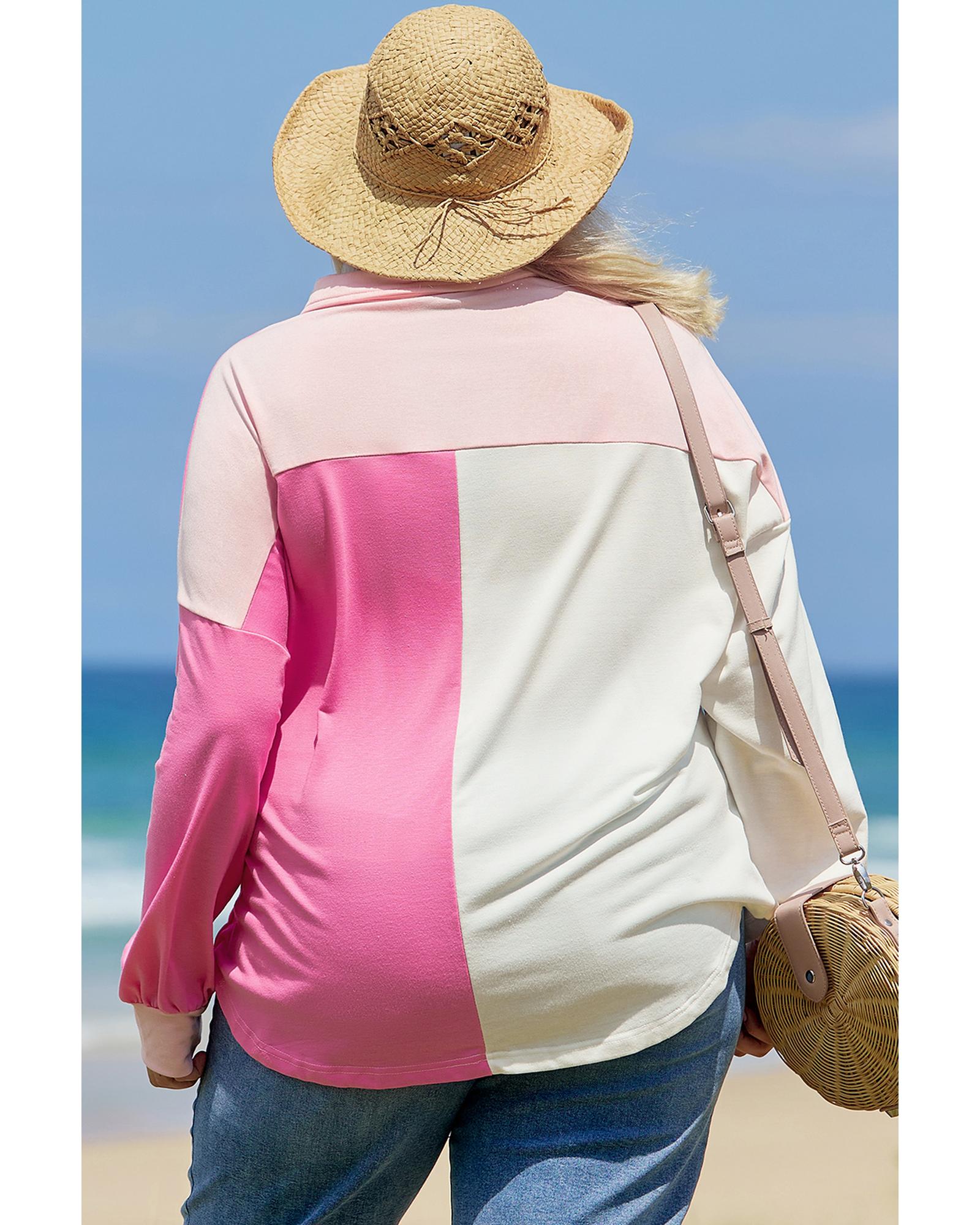 Bonbon Color Block Chest Pockets Half Button Plus Size Sweatshirt - 2X