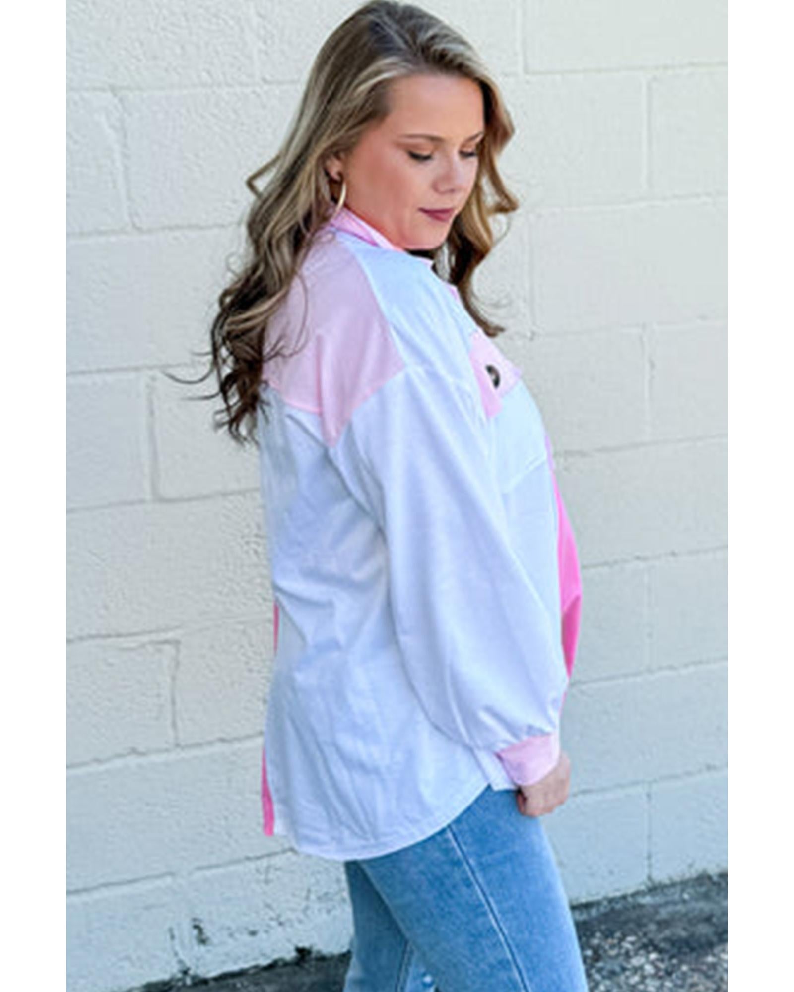 Bonbon Color Block Chest Pockets Half Button Plus Size Sweatshirt - 3X