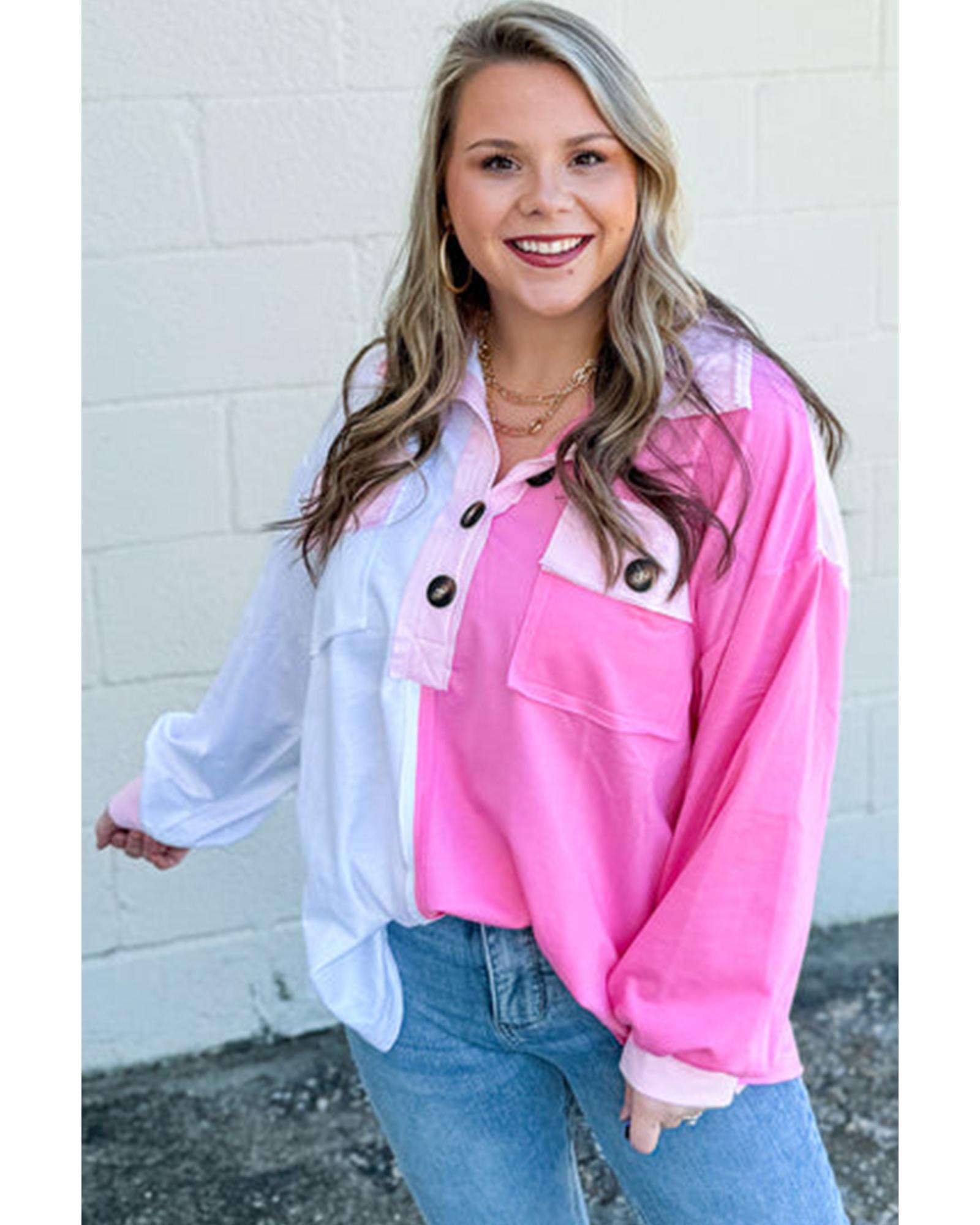 Bonbon Color Block Chest Pockets Half Button Plus Size Sweatshirt - 3X