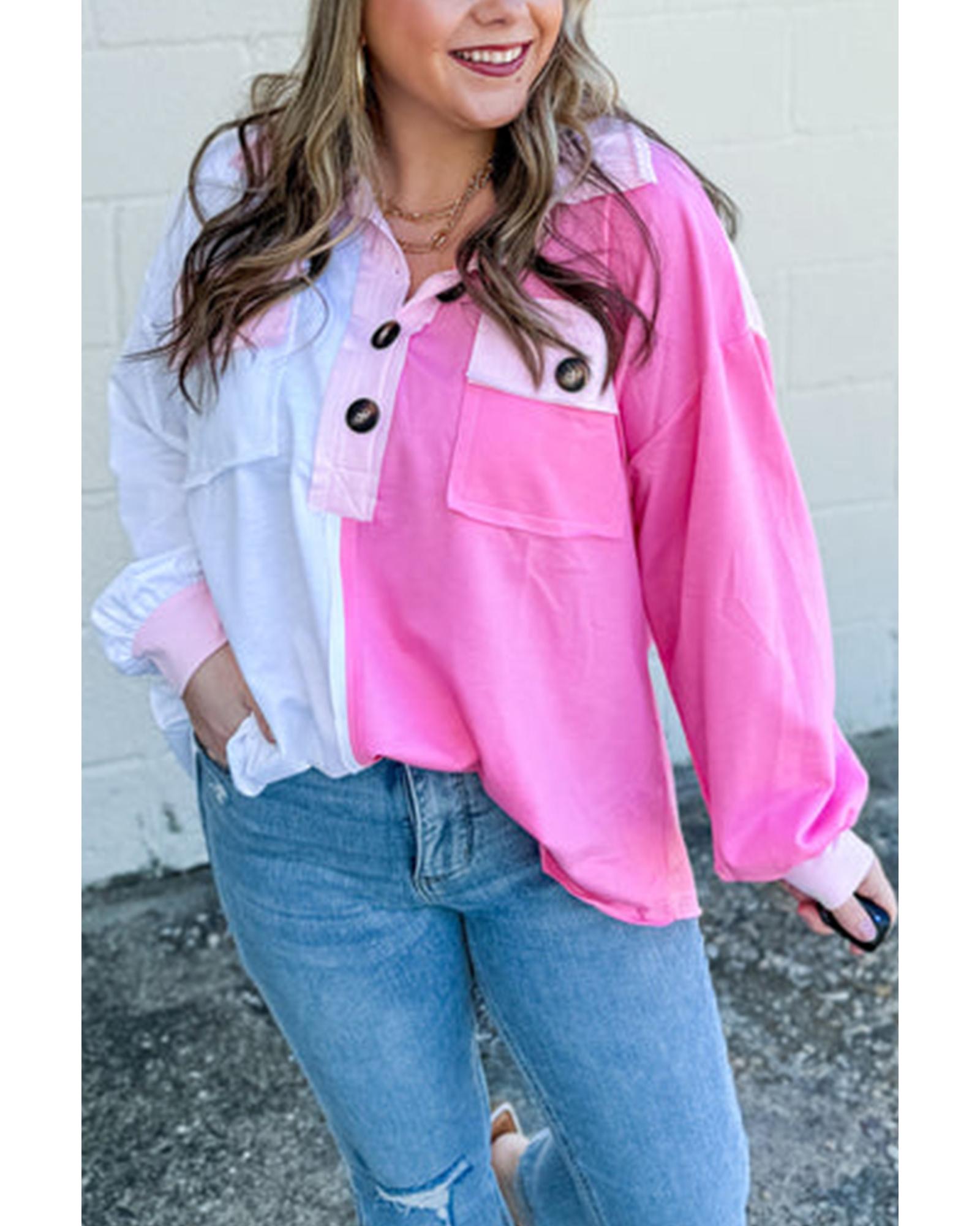 Bonbon Color Block Chest Pockets Half Button Plus Size Sweatshirt - 3X