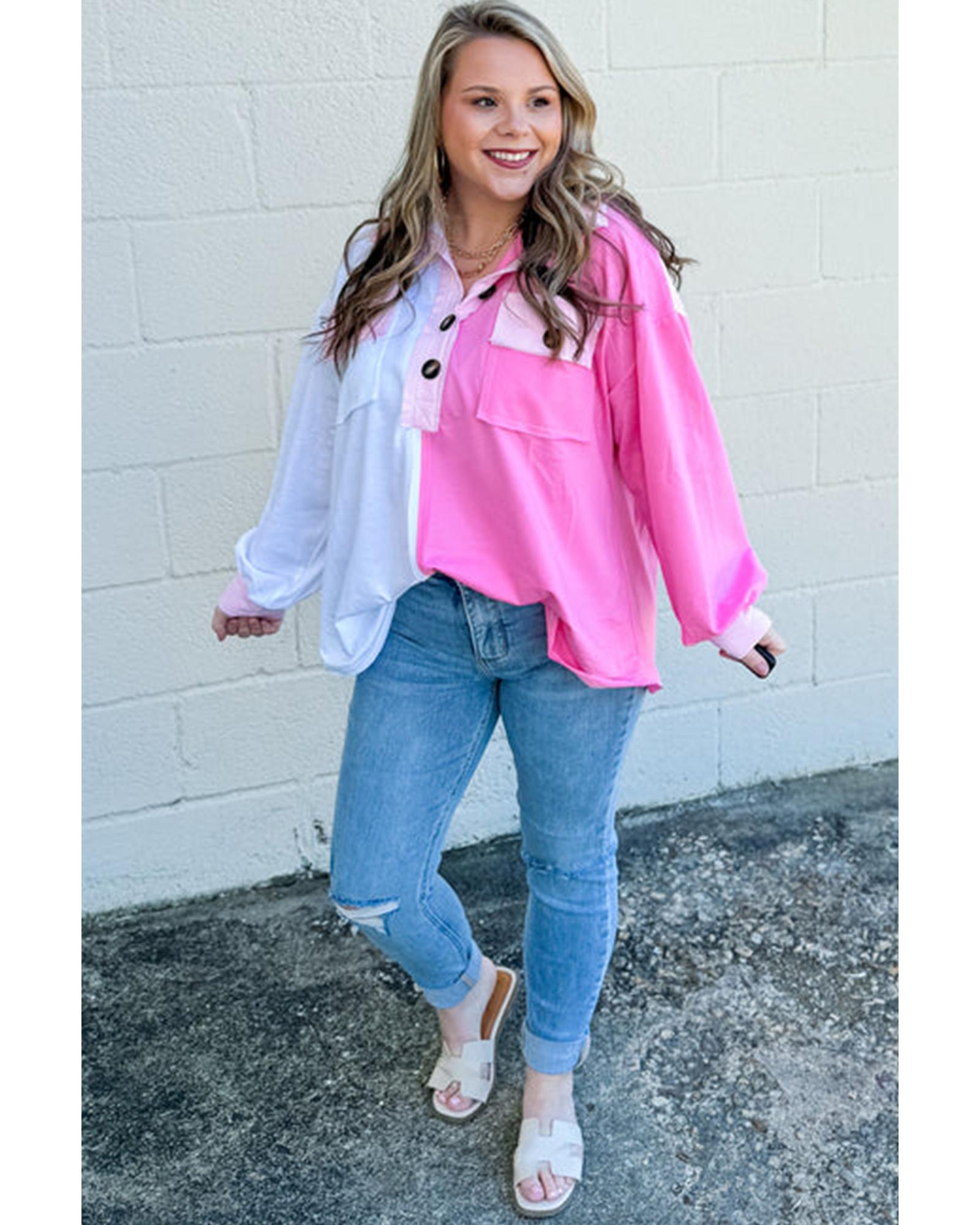 Bonbon Color Block Chest Pockets Half Button Plus Size Sweatshirt - 3X