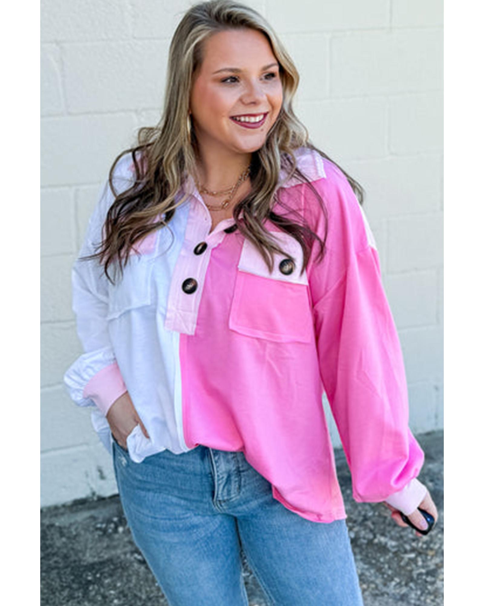 Bonbon Color Block Chest Pockets Half Button Plus Size Sweatshirt - 4X