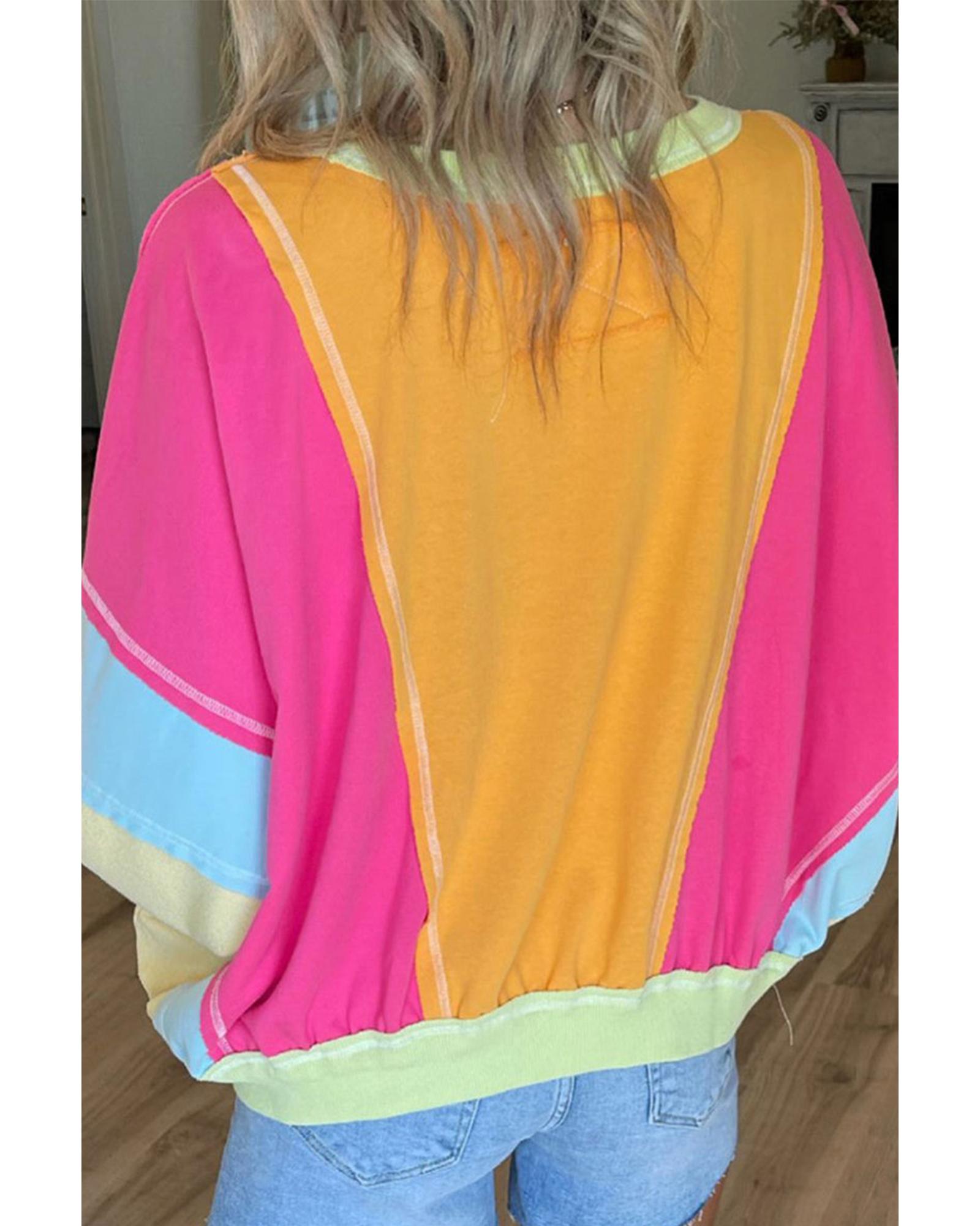 Rose Red Plus Size Colorblock Patchwork Exposed Seam Sweatshirt - 2X